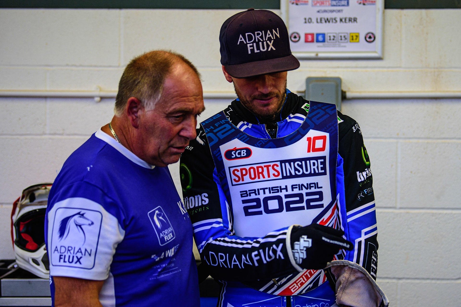 Lewis Kerr  with his mechanic during the Sports Insure British Speedway Championship Final at the National Speedway Stadium, Bellevue, Manchester, England on Monday 1st August 2022. (Photo by: Ian Charles | MI News)