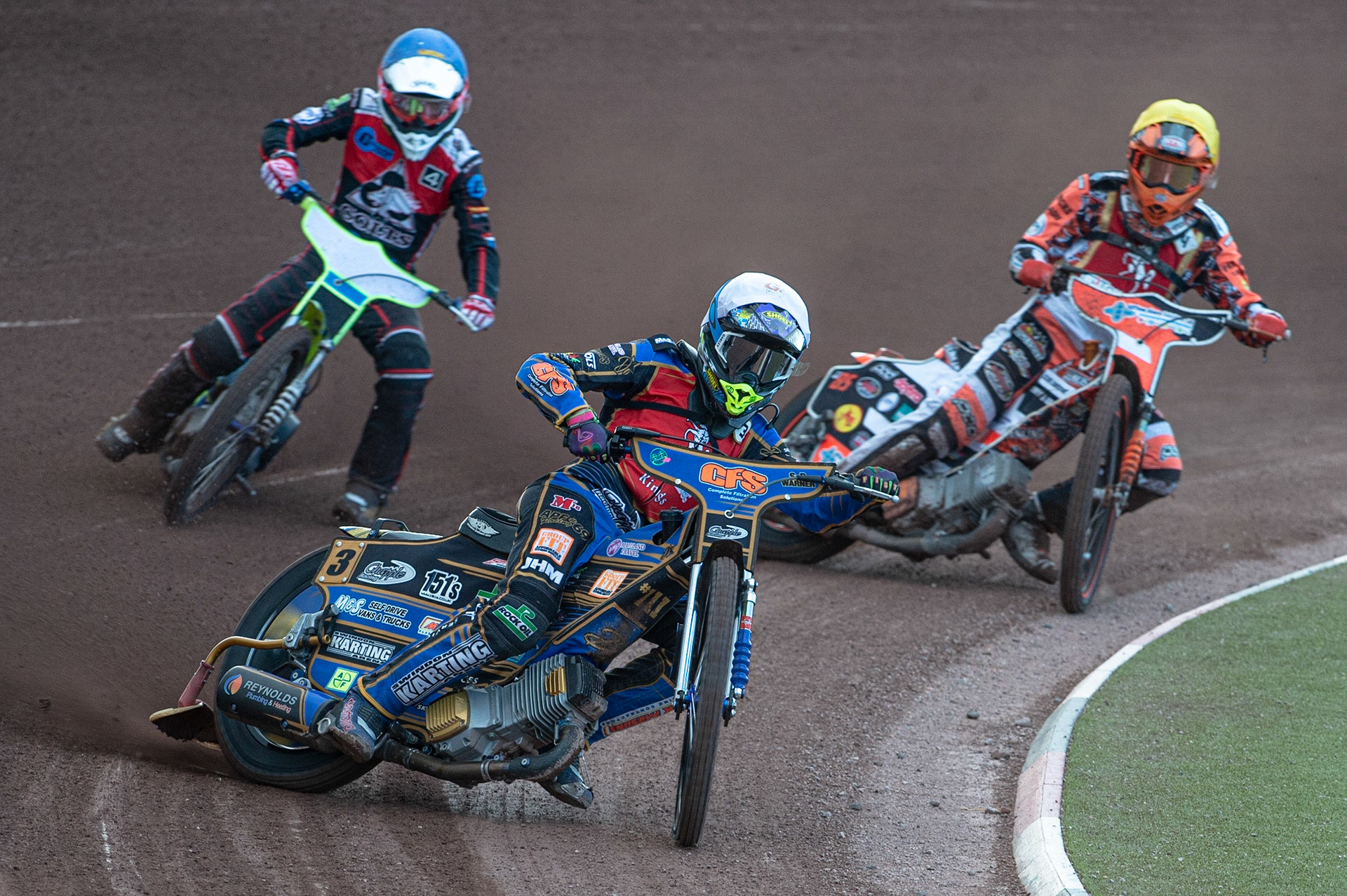 Photo: Ian Charles

Anders Rowe  (White) leads Ben Rathbone  (Blue) and Jordan Jenkins  (Yellow)

Belle Vue Colts v Kent Kings, SGB National League KO Cup Quarter Final 1st Leg, Belle Vue National Speedway Stadium, Manchester, Thursday 20  June  2019