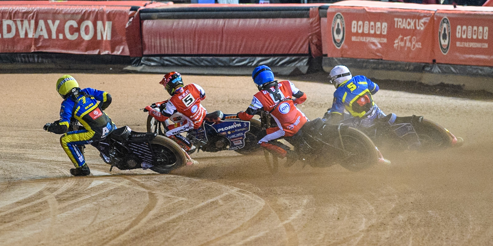 (L to R) Sheffield Tigers' Dan Gilkes  in Yellow, Belle Vue Aces' Dan Bewley  in Red, Belle Vue Aces' Antti Vuolas  in Blue and Sheffield Tigers' Guest Rider Chris Harris  in White during the Rowe Motor Oil Premiership Play Off Semi Final 2, 1st Leg match between Belle Vue Aces and Sheffield Tigers at the National Speedway Stadium, Manchester on Monday 16th September 2024. (Photo: Ian Charles | MI News)
