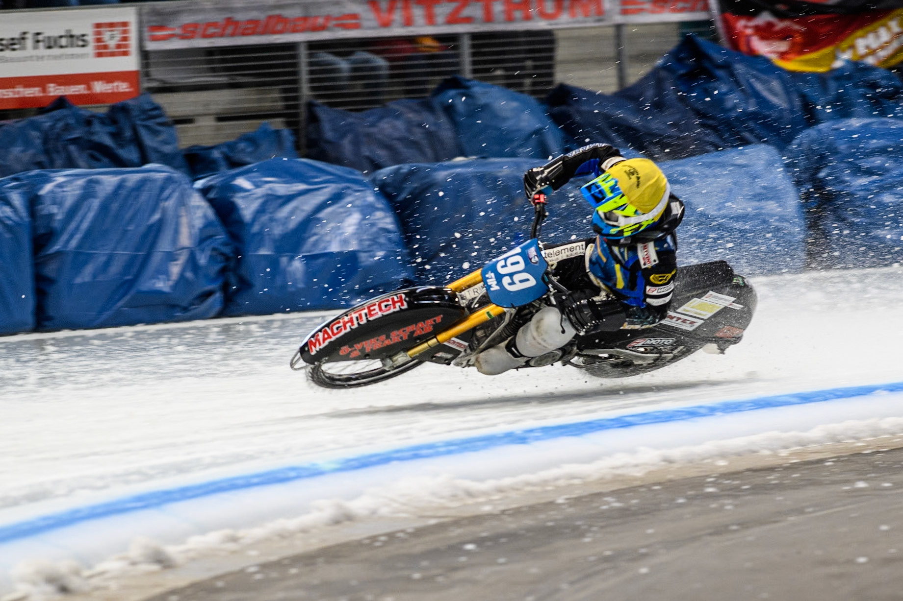 Sweden's Martin Haarahiltunen (199)  gets into difficulty and manages to correct it during the FIM Ice Speedway Gladiators World Championship Final 2 at the Max-Aicher-Arena, Inzell on Sunday 24 March 2024. (Photo: Ian Charles | MI News)