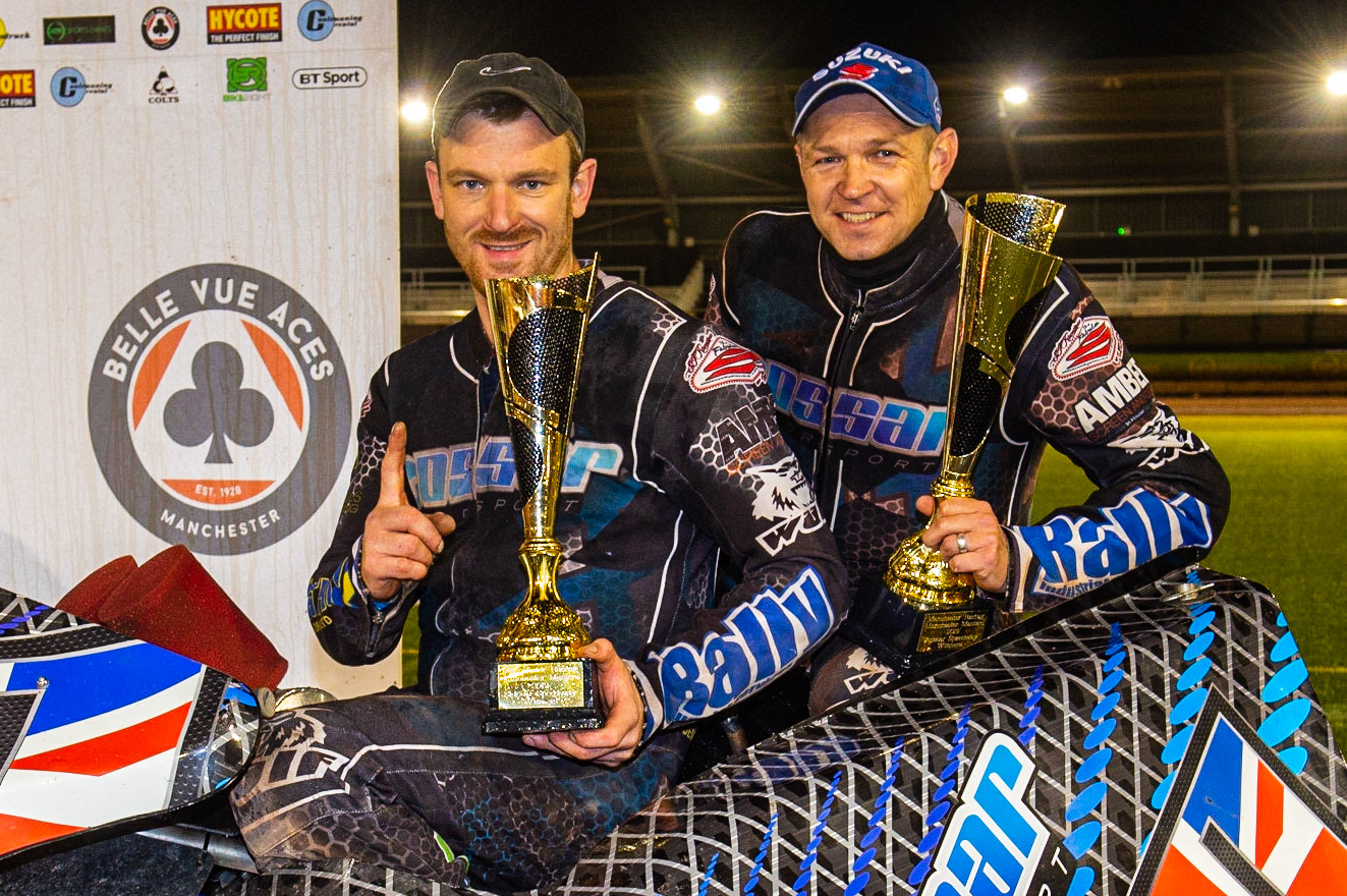 MANCHESTER, ENGLAND Winners Mark Cossar & Carl Pugh during the  ACU Sidecar Speedway Manchester Masters,  Belle Vue National Speedway Stadium, Manchester Saturday 12 October 2019 (Credit: Ian Charles | MI News)