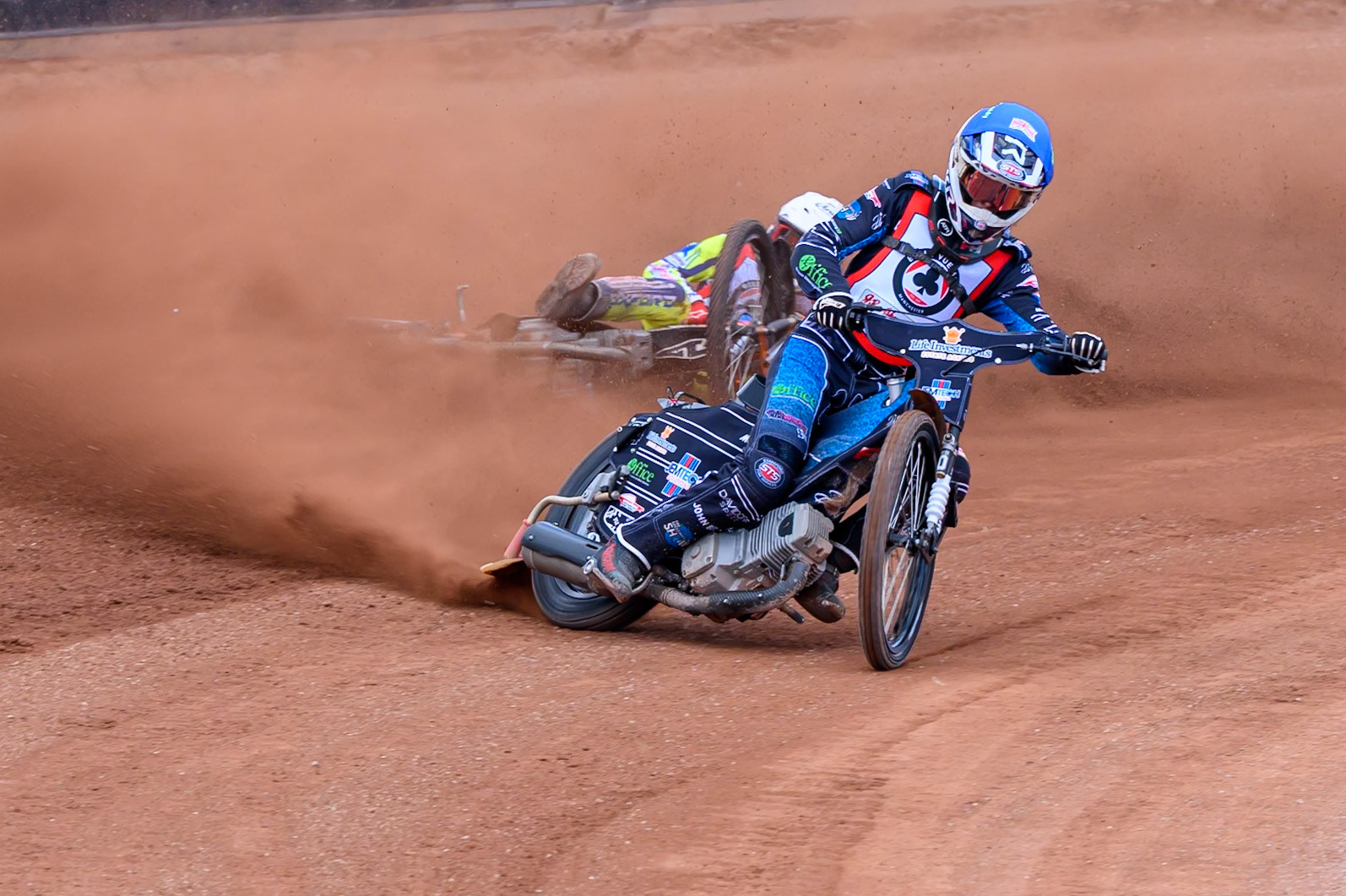JR ASHWORTH &amp; SONS COLTS ACADEMY INDIVIDUALFreddy Hodder  in Blue leading Harry Fletcher  in White who slides off during the JR Ashworth &amp; Sons Colts Individual at the National Speedway Stadium, Manchester on Sunday 10th May 2026. (Photo: Ian Charles | MI News)