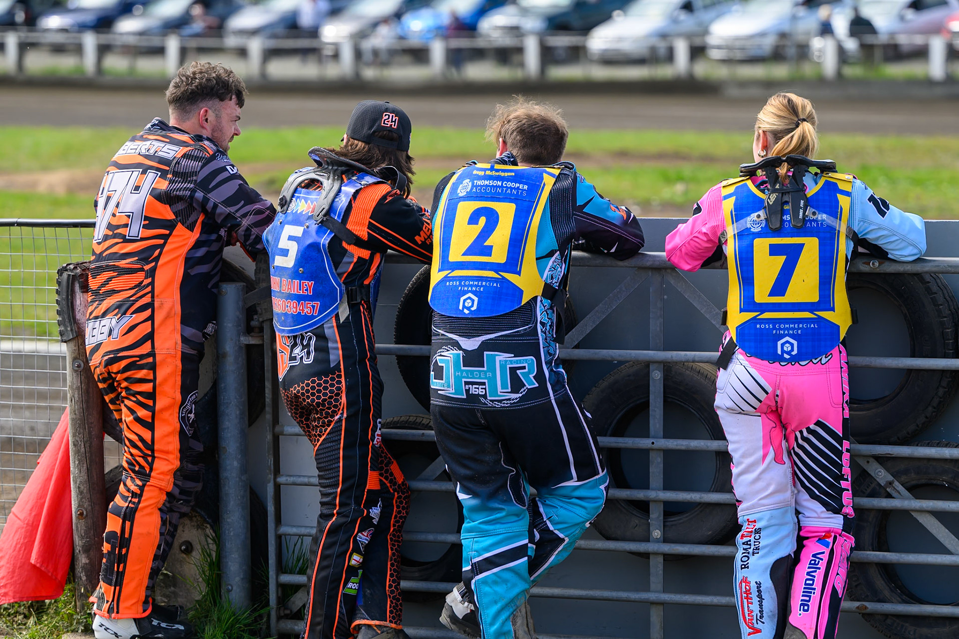 (L to R) Jack Roberts of Buxton Bulls, Jack Smith of Buxton Bulls , Jamie Halder of Edinburgh Monarchs Academy  and Anika Loftus of Edinburgh Monarchs Academy  watch the track prep during the WSRA National Development League match between Buxton Bulls and Edinburgh Monarchs Academy at Hi-Edge Speedway, Buxton on Sunday 14th June 2026. (Photo: Ian Charles | MI News)