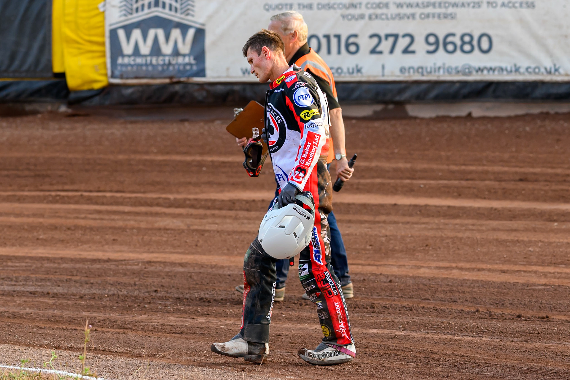 Jason Doyle of Belle Vue Aces  walks off the track after his Heat 6 fall during the Rowe Motor Oil Premiership match between Leicester Lions and Belle Vue Aces at the Hydroscan Arena, Leicester on Thursday 23rd July 2026. (Photo: Ian Charles | MI News)