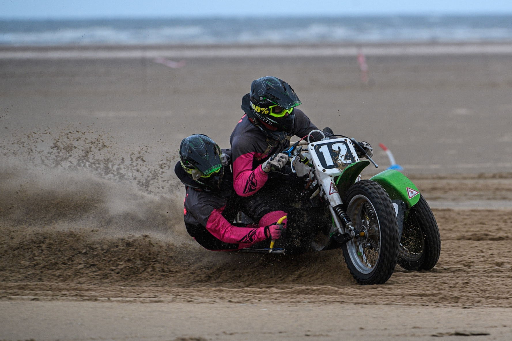 Neal Owen &amp; Jason Farwell (12) in action  during the Fylde ACU British Sand Racing Masters Championship at  St Annes on Sea, Lancashire on Sunday 30th July 2023. (Photo: Ian Charles | MI News)