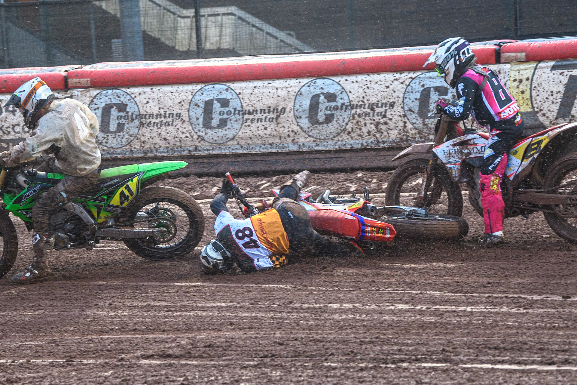 Nico Sorbo (48) from Italy slides off during the FIM World Flat Track Championship Round 1 at the National Speedway Stadium, Manchester on Saturday 5th August 2023. (Photo: Ian Charles | MI News)