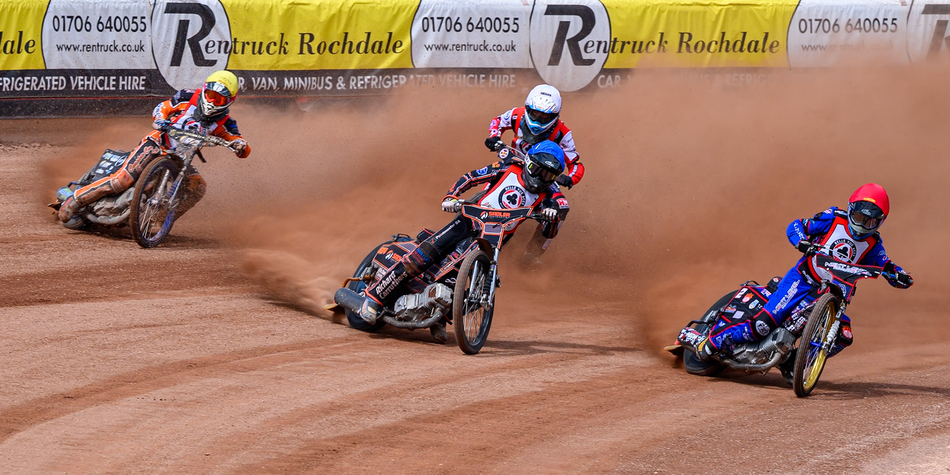 COLTS ACADEMY INDIVIDUAL EVENT Emerson Betty in Red rides inside Harry Sadler in Blue and Mark Parker in Yellow  with Billy Budd in White  behind during the JR Ashworth &amp; Sons Colts Academy Event at the National Speedway Stadium, Manchester on Sunday 19th July 2026. (Photo: Ian Charles | MI News)