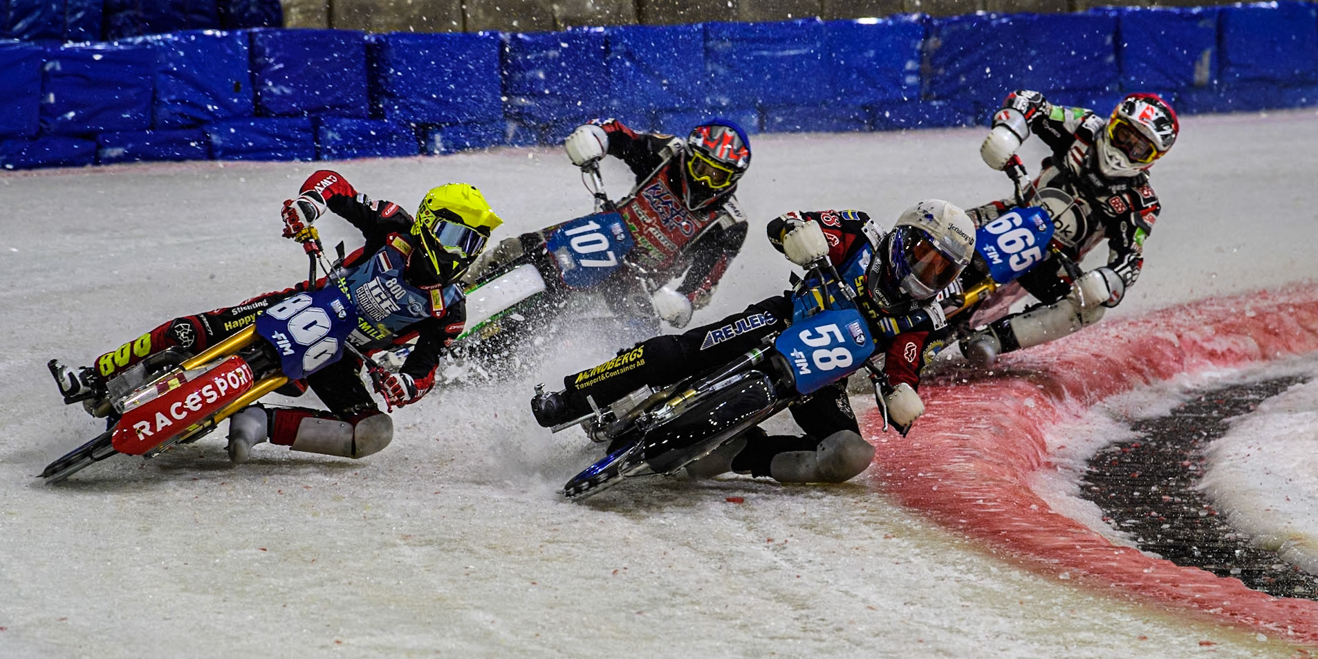 Netherlands' Jasper Iwema (800) in Yellow rides outside Sweden's Stefan Svensson (58) in White with Czech Republic's Andrej Diviš (107) in Blue and \Austria's Charly Ebner (665) behind during the FIM Ice Speedway Gladiators World Championship Final 3 at Ice Rink Thialf, Heerenveen on Saturday 6th April 2024. (Photo: Ian Charles | MI News)