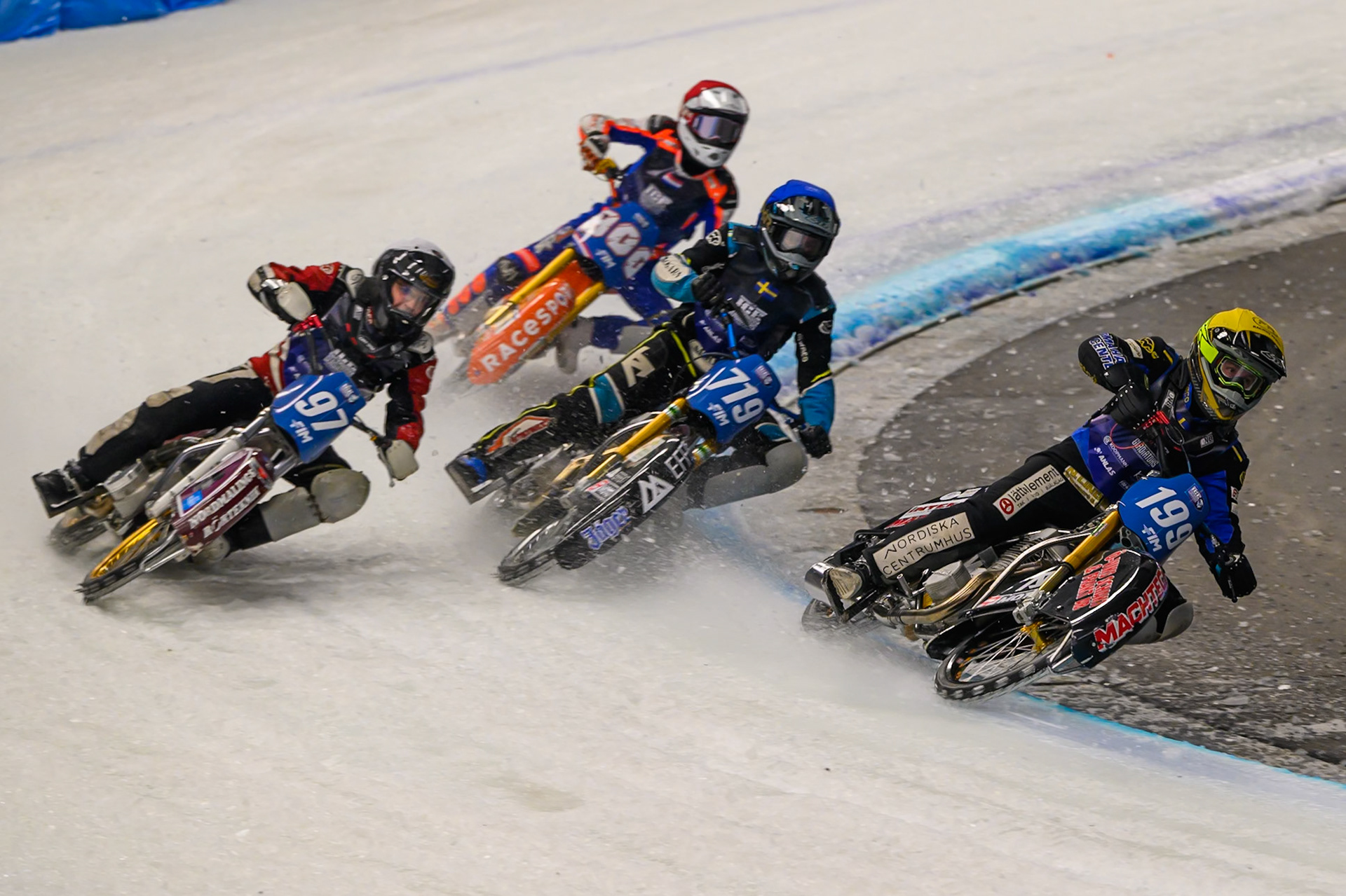 Martin Haarahiltunen (199) of Sweden  in Yellow leading Filip Jäger (719) of Sweden in Blue, Ove Ledström (97) of Sweden in White and Jasper Iwema (800) of The Netherlands in Red during the Ice Speedway Gladiators World Championship Final 1 at Max-Aicher-Arena, Inzell on Saturday 14th March 2026. (Photo: Ian Charles | MI News)