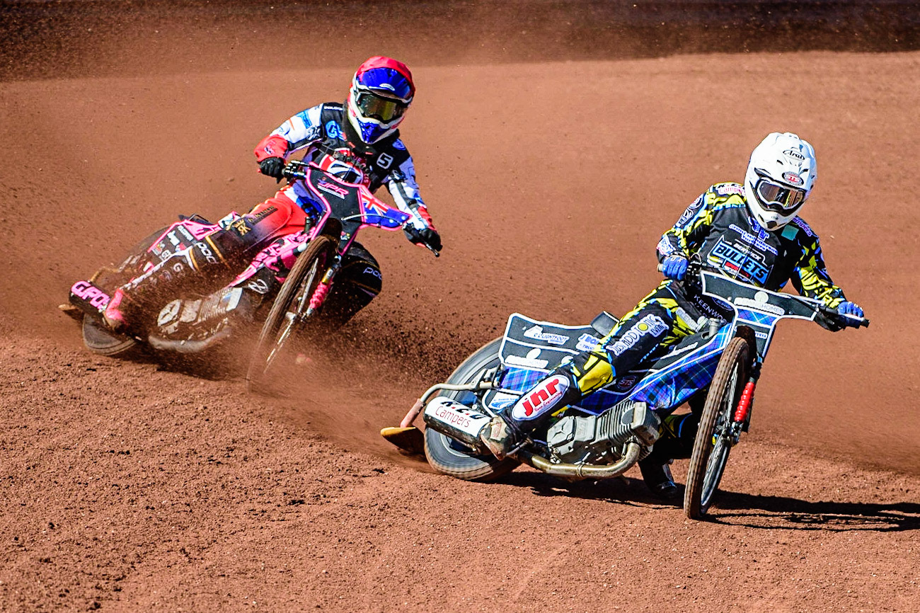 Greg Blair  (Yellow) inside James Pearson (Red) during the National Development League match between Belle Vue Colts and Berwick Bullets at the National Speedway Stadium, Manchester on Friday 7th April 2023. (Photo: Ian Charles | MI News)
