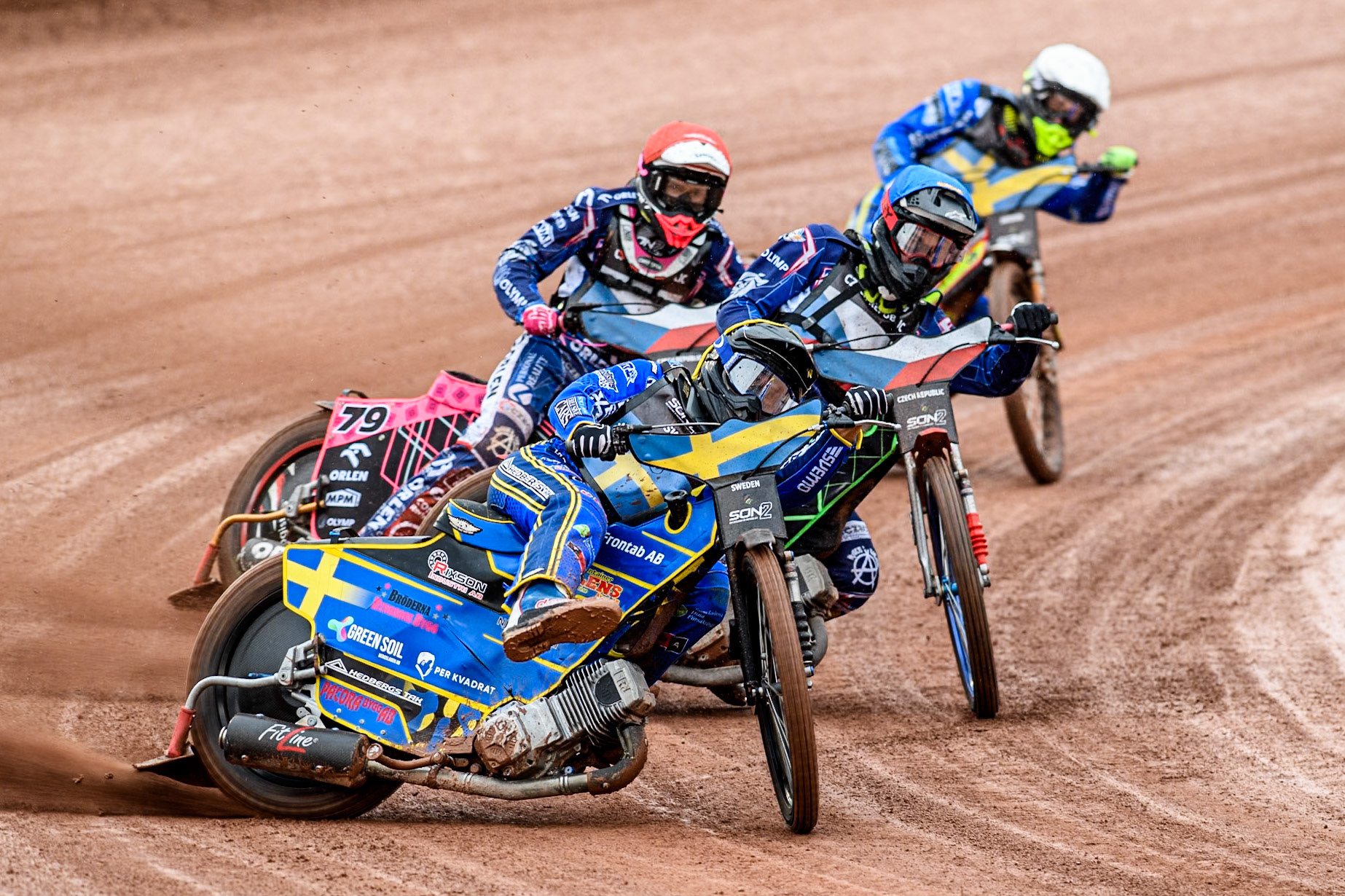 Philip Hellström-Bängs of Sweden in Yellow leading Casper Henriksson of Sweden in White Adam Bubba Bednar of Czech Republic in Red and Jan Jenicek of Czech Republic in Blue during the Monster Energy FIM Speedway of Nations 2 (Under 21) Final at the National Speedway Stadium, Manchester on Friday 12th July 2024. (Photo: Ian Charles | MI News)