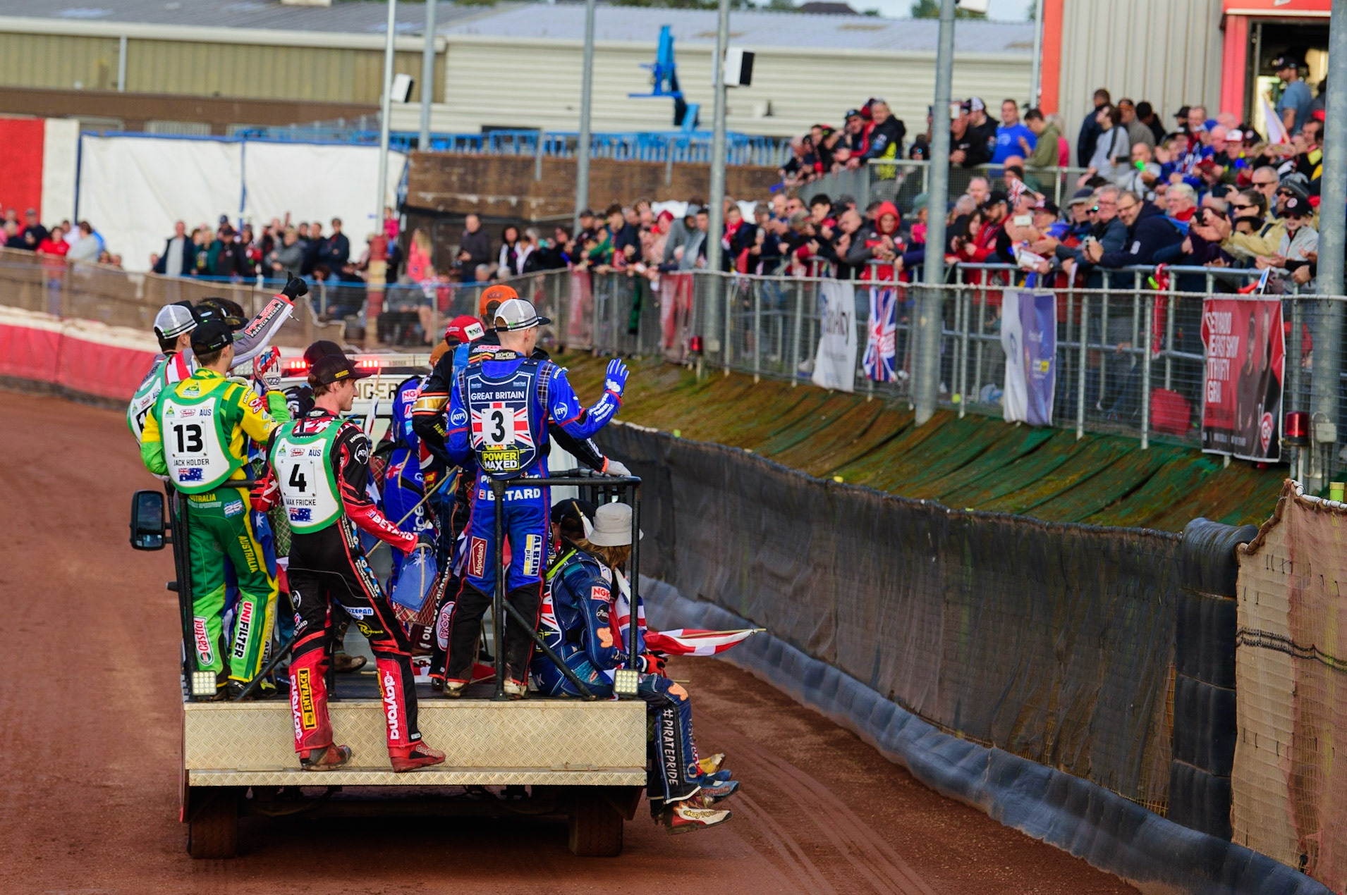 The riders on the parade truck during the FIM Speedway Grand Prix Challenge at the Peugeot Ashfield Stadium, Glasgow on Saturday 20th August 2022. (Credit: Ian Charles | MI News)