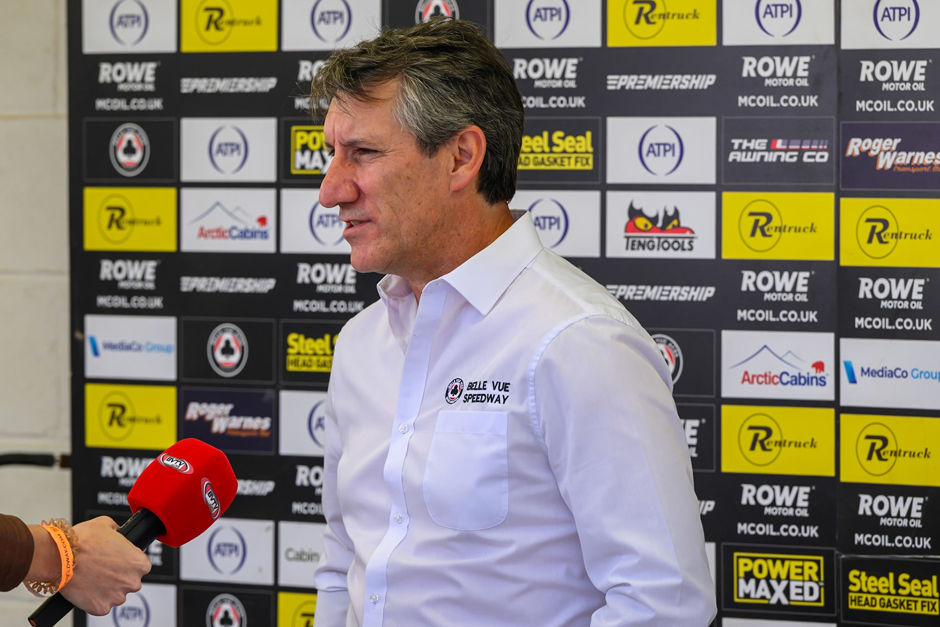 Mark Lemon, Team Manager of Belle Vue Aces is interviewed by BVTV during the Rowe Motor Oil Premiership match between Belle Vue Aces and King's Lynn Stars at the National Speedway Stadium, Manchester on Monday 29th June 2026. (Photo: Ian Charles | MI News)