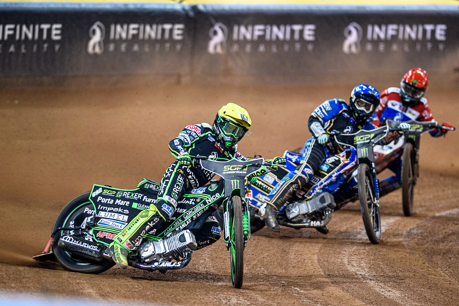 Patryk Dudek (692) (Yellow) leads  Jack Holder (25) (Blue) and Dan Bewley (99) (Red) during the FIM Speedway Grand Prix of Great Britain at the Principality Stadium, Cardiff on Saturday 2nd September 2023. (Photo: Ian Charles | MI News)