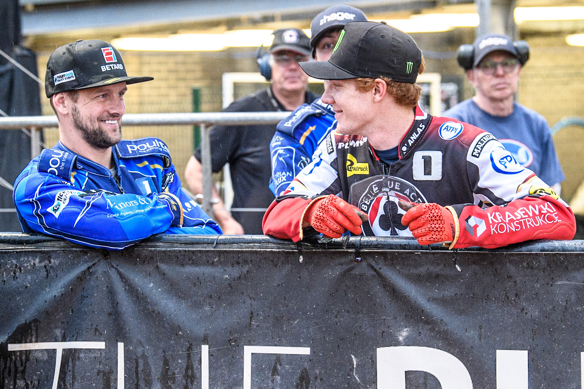 Artem Laguta (left) chats with Dan Bewley during the Sports Insure Premiership match between Belle Vue Aces and King's Lynn Stars at the National Speedway Stadium, Manchester on Monday 12th June 2023. (Photo: Ian Charles | MI News)