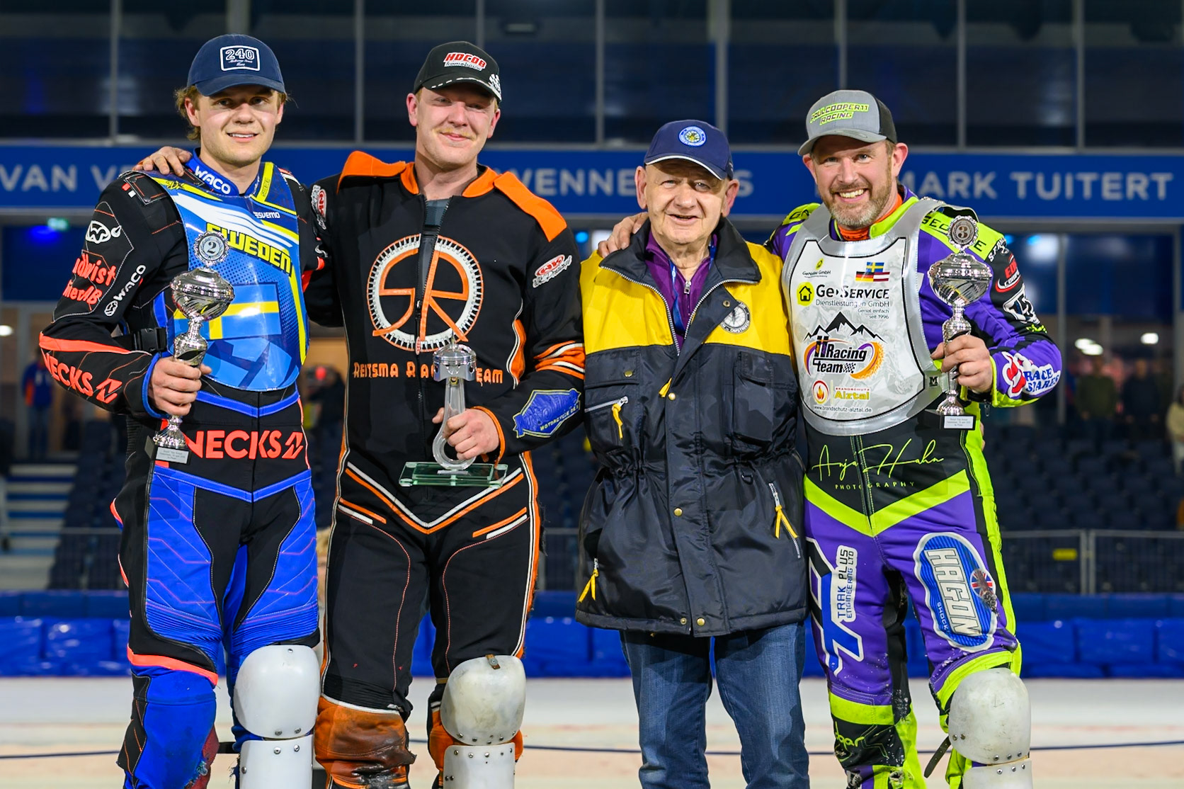 (L to R) Melwin Björklin of Sweden (2nd), Sebastian Reitsma of The Netherlands (winner) Roelof Thijs (Meeting sponsor) Paul Cooper of Great Britain  (3rd) during the ROELOF THIJS BOKAAL at Ice Rink Thialf, Heerenveen on Friday 10th April 2026.  (Photo: Ian Charles | MI News)
