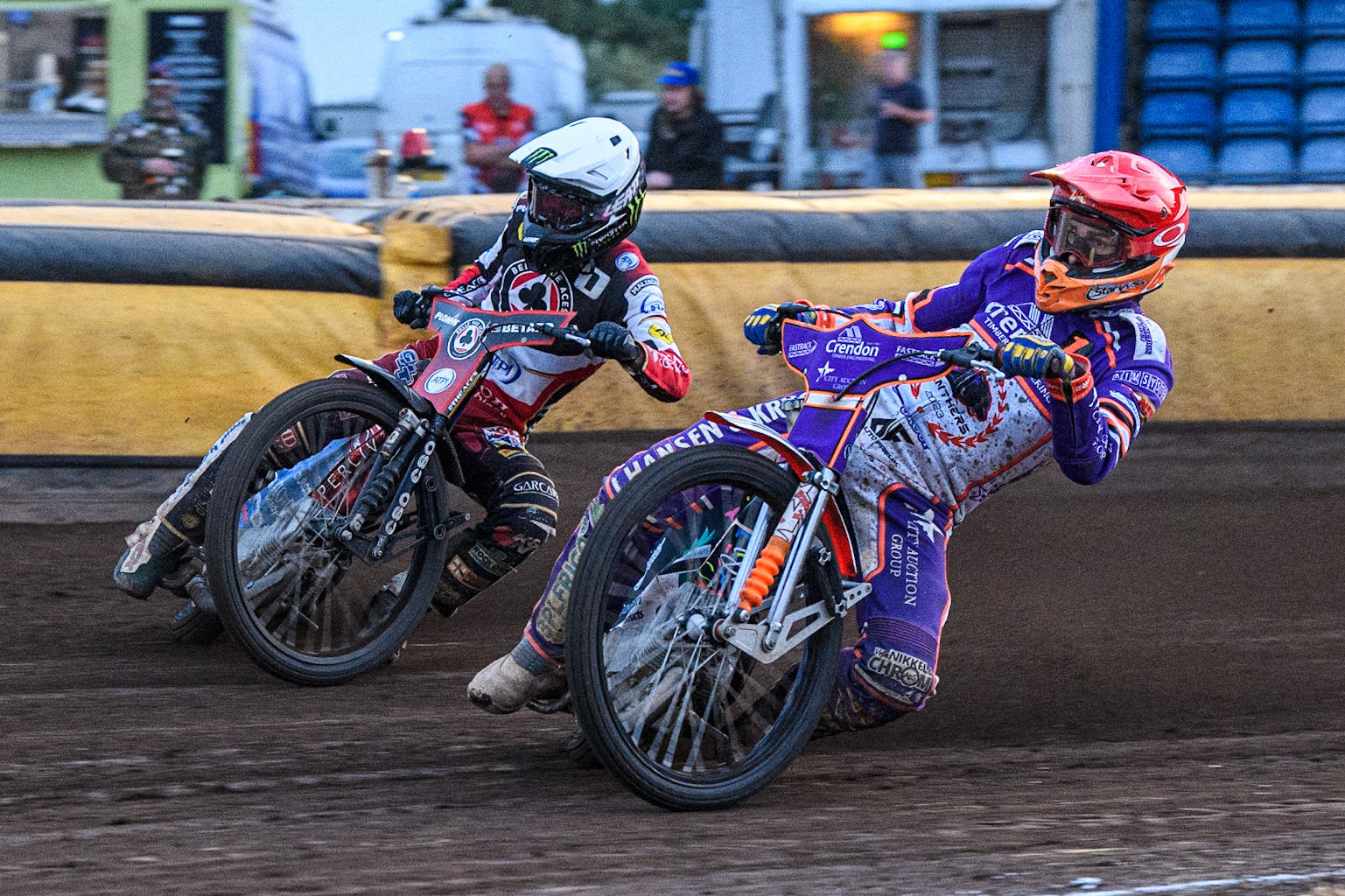 Niels-Kristian Iversen (Red) inside Dan Bewley (White) during the Sports Insure Premiership match between Peterborough and Belle Vue Aces at East of England Showground, Peterborough on Monday 26th June 2023. (Photo: Ian Charles | MI News)