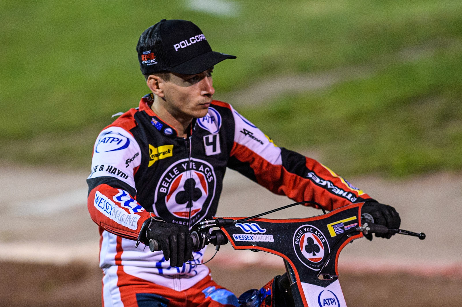 Belle Vue Aces' Ben Cook on the parade lap during the Rowe Motor Oil Premiership Play Off Semi Final 2nd leg between Sheffield Tigers and Belle Vue Aces at Owlerton Stadium, Sheffield on Thursday 19th September 2024. (Photo: Ian Charles | MI News)