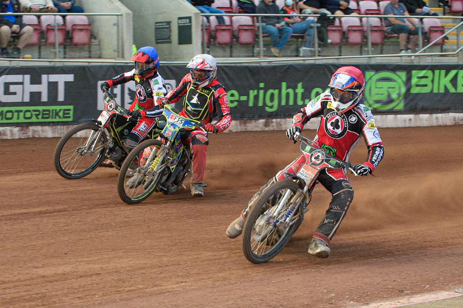 MANCHESTER, UK. JUNE 7TH   Steve Worrall  (Red) inside Aaron Summers  (White) and Jye Etheridge  (Blue) during the SGB Premiership match between Belle Vue Aces and Ipswich Witches at the National Speedway Stadium, Manchester on Monday 7th June 2021. (Credit: Ian Charles | MI News)
