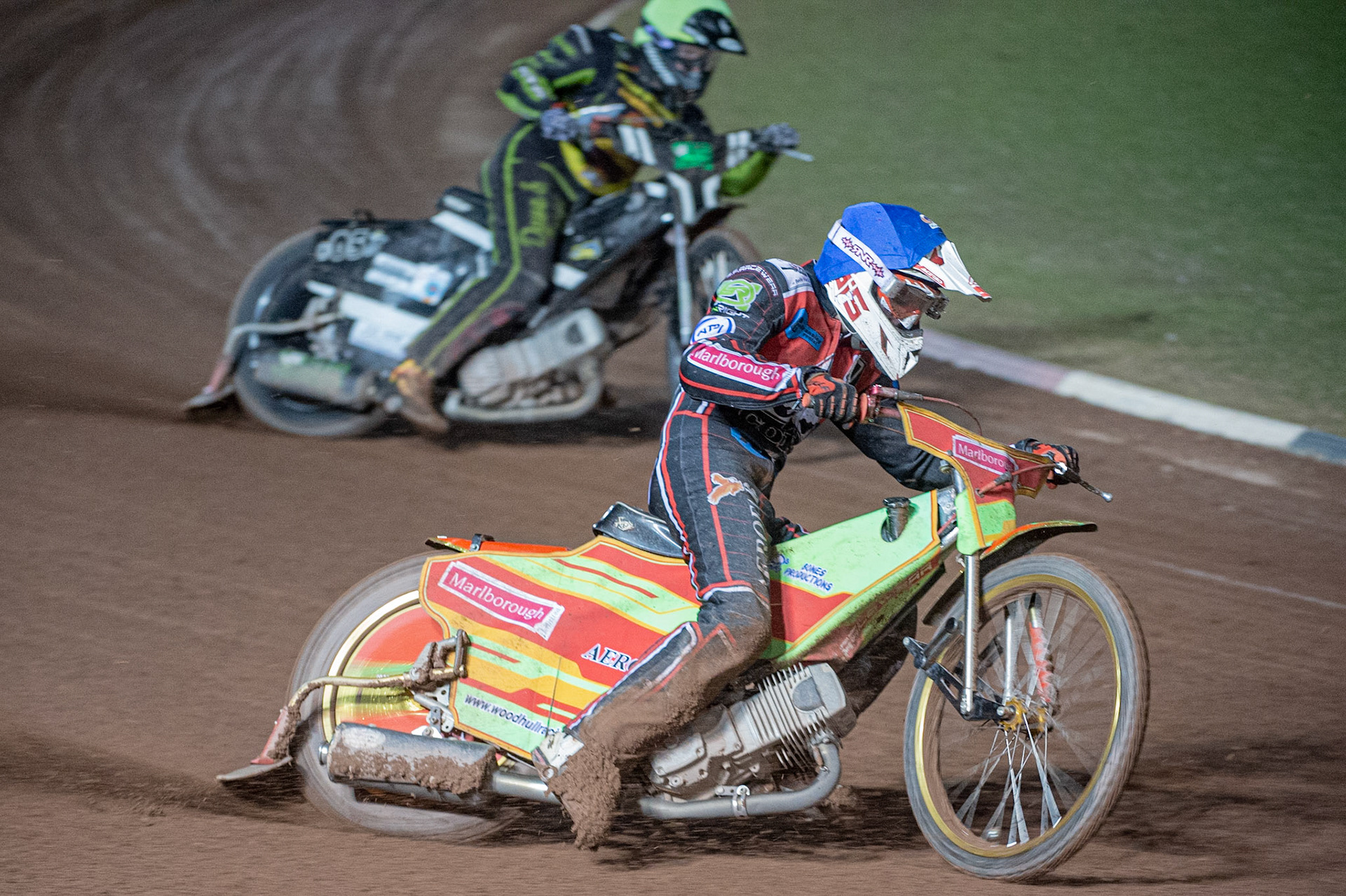 Photo: Ian Charles

Ben Woodhull  (Blue) leads Ryan Terry-Daley  (Yellow)

Belle Vue Colts v Leicester Lion Cubs, SGB National League KO Cup Final (2nd Leg), Belle Vue National Speedway Stadium, Manchester, Tuesday 29  October  2019