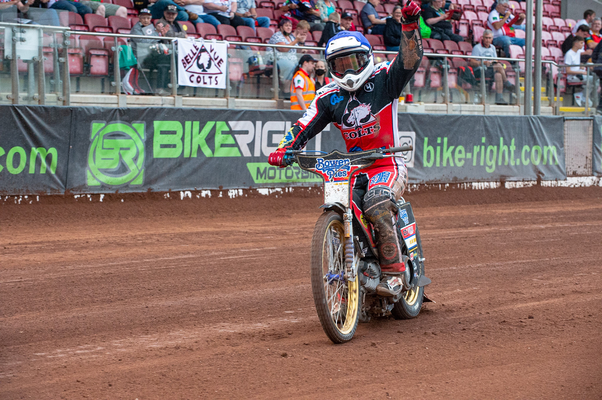 MANCHESTER, UK. JULY 2ND  Paul Bowen  c celebrates his first home heat win of the season during the National Development League match between Belle Vue Colts and Kent Royals at the National Speedway Stadium, Manchester on Friday 2nd July 2021. (Credit: Ian Charles | MI News)