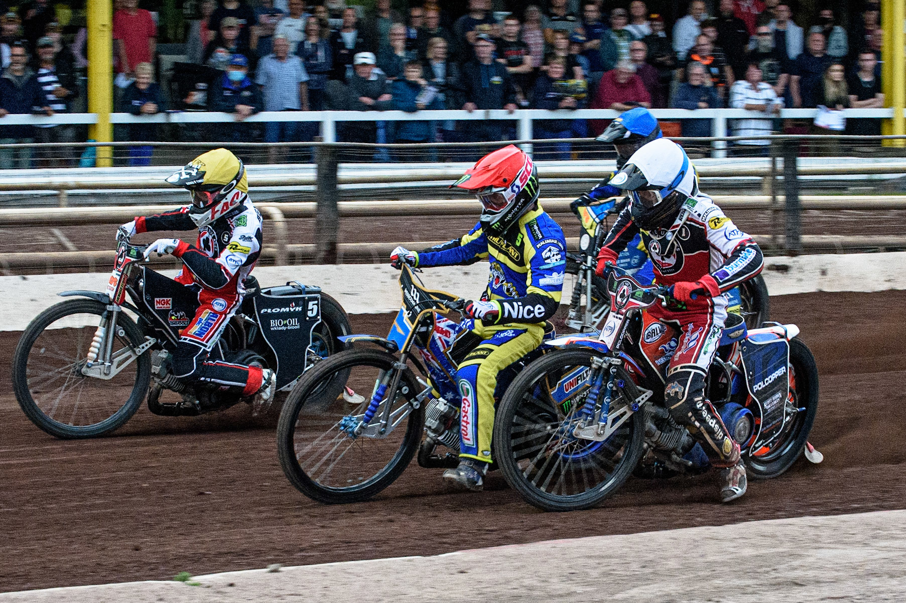 SHEFFIELD, UK. JULY 1ST     Brady Kurtz  (White) comes close to Jack Holder  (Red) with Dan Bewley  (Yellow) on the outside and Adam Ellis  (Blue) behind during the SGB Premiership match between Sheffield Tigers and Belle Vue Aces at Owlerton Stadium, Sheffield on Thursday 1st July 2021. (Credit: Ian Charles | MI News)