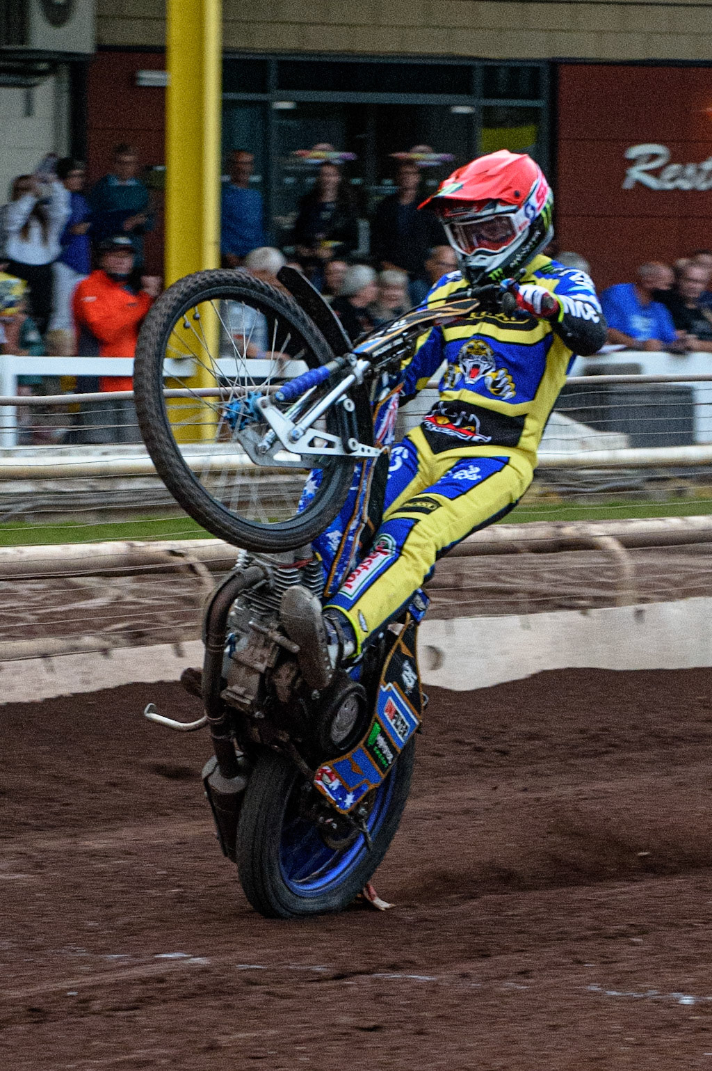 SHEFFIELD, UK. JULY 1ST     Sheffield TruPlant Tigers  Jack Holder  celebrates his win with a wheelie during the SGB Premiership match between Sheffield Tigers and Belle Vue Aces at Owlerton Stadium, Sheffield on Thursday 1st July 2021. (Credit: Ian Charles | MI News)