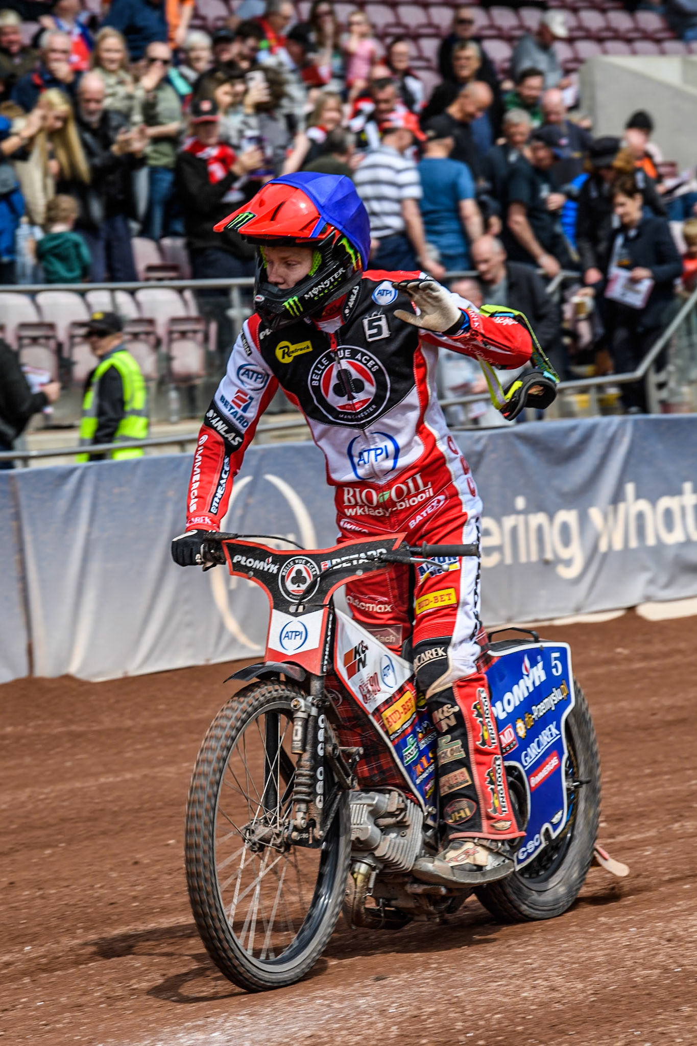 Belle Vue Aces' Dan Bewley  waves to the fans during the Rowe Motor Oil Premiership match between Belle Vue Aces and Birmingham Brummies at the National Speedway Stadium, Manchester on Monday 6th May 2024. (Photo: Ian Charles | MI News)