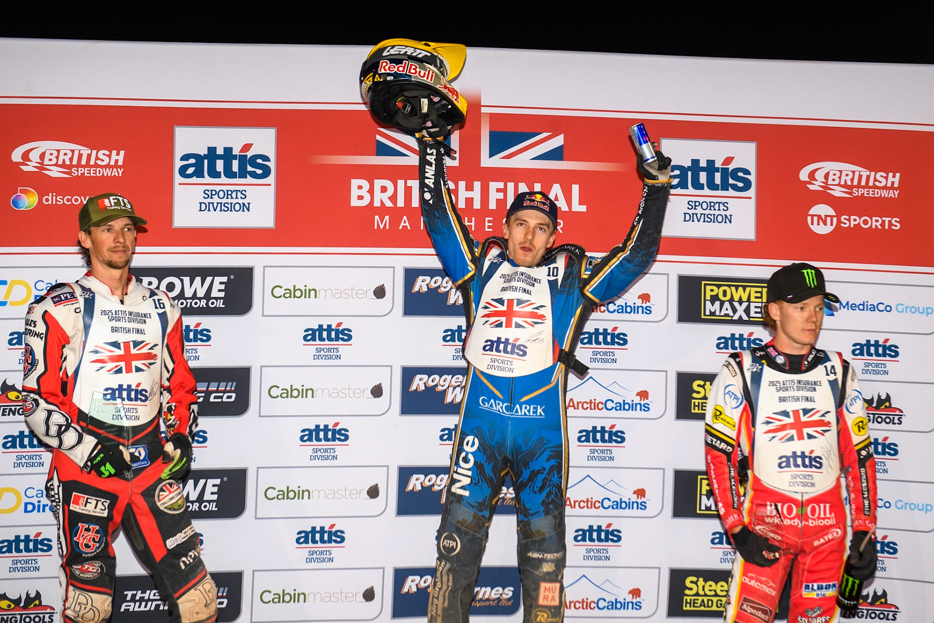 British Final Top 3: (L to R) Charles Wright (2nd), Robert Lambert (Winner) Dan Bewley (3rd) during the Attis Insurance Sports Division British Final at the National Speedway Stadium, Manchester on Monday 12th May 2025. (Photo: Ian Charles | MI News)
