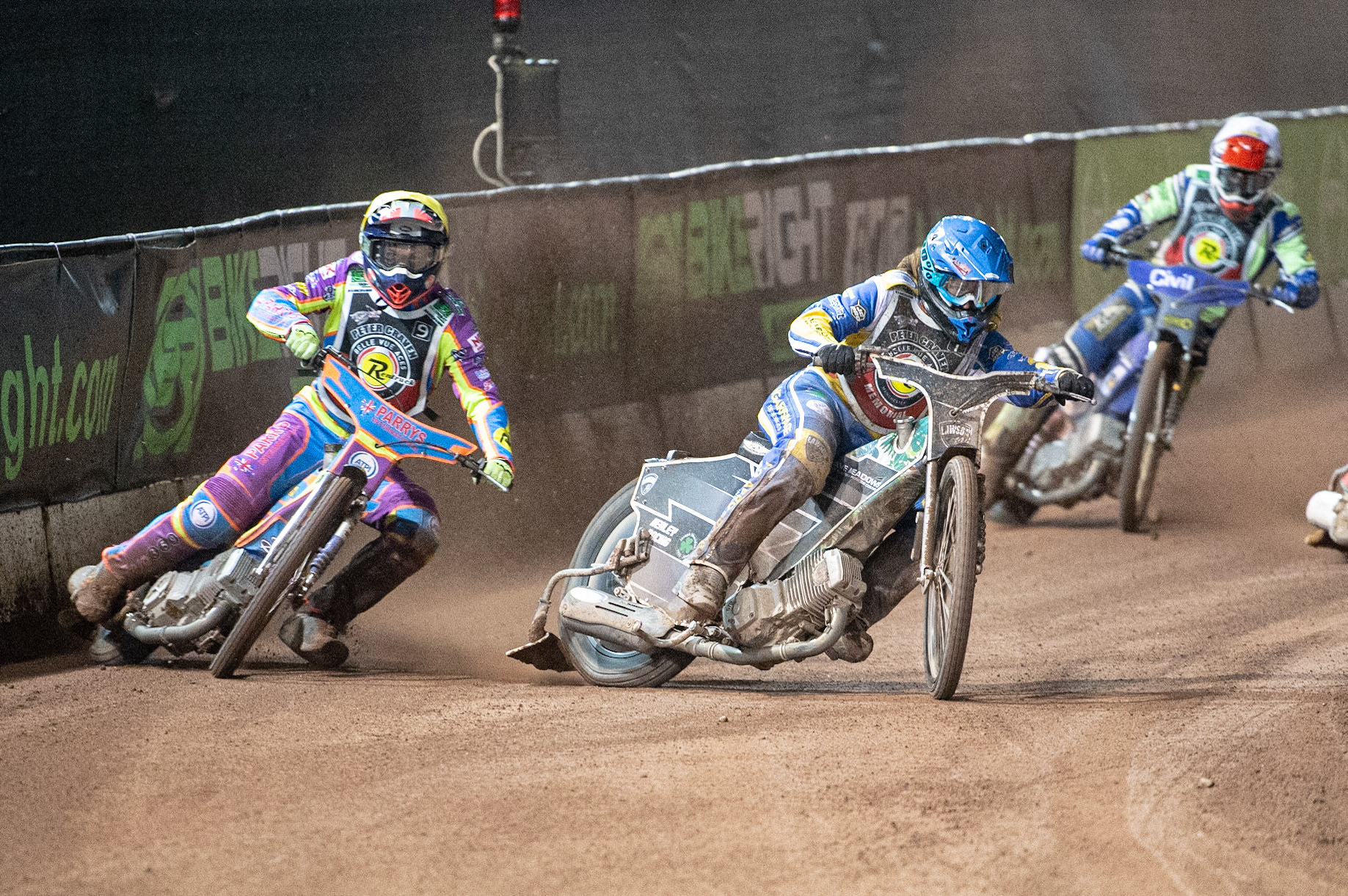 Photo: Ian CharlesRory Schlein (Yellow) outside Richard Lawson (Blue) with Richie Worrall (White) behindPeter Craven Memorial Trophy, National Speedway Stadium, Manchester Thursday  22  October  2020