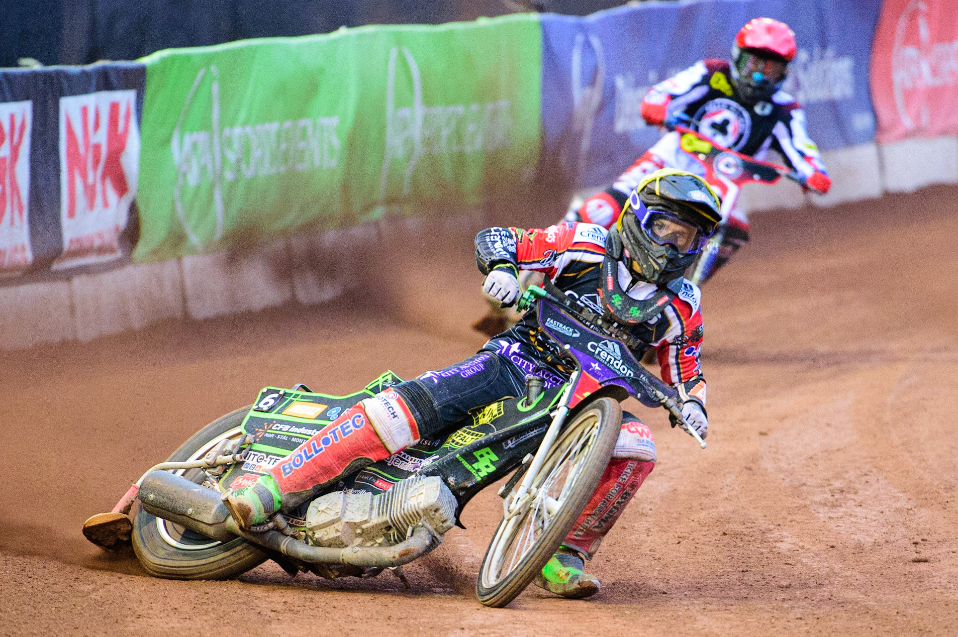 Benjamin Basso  (Yellow) leads Matej Zagar (Red) during the SGB Premiership match between Belle Vue Aces and Peterborough at the National Speedway Stadium, Manchester on Monday 25th July 2022. (Credit: Ian Charles | MI News