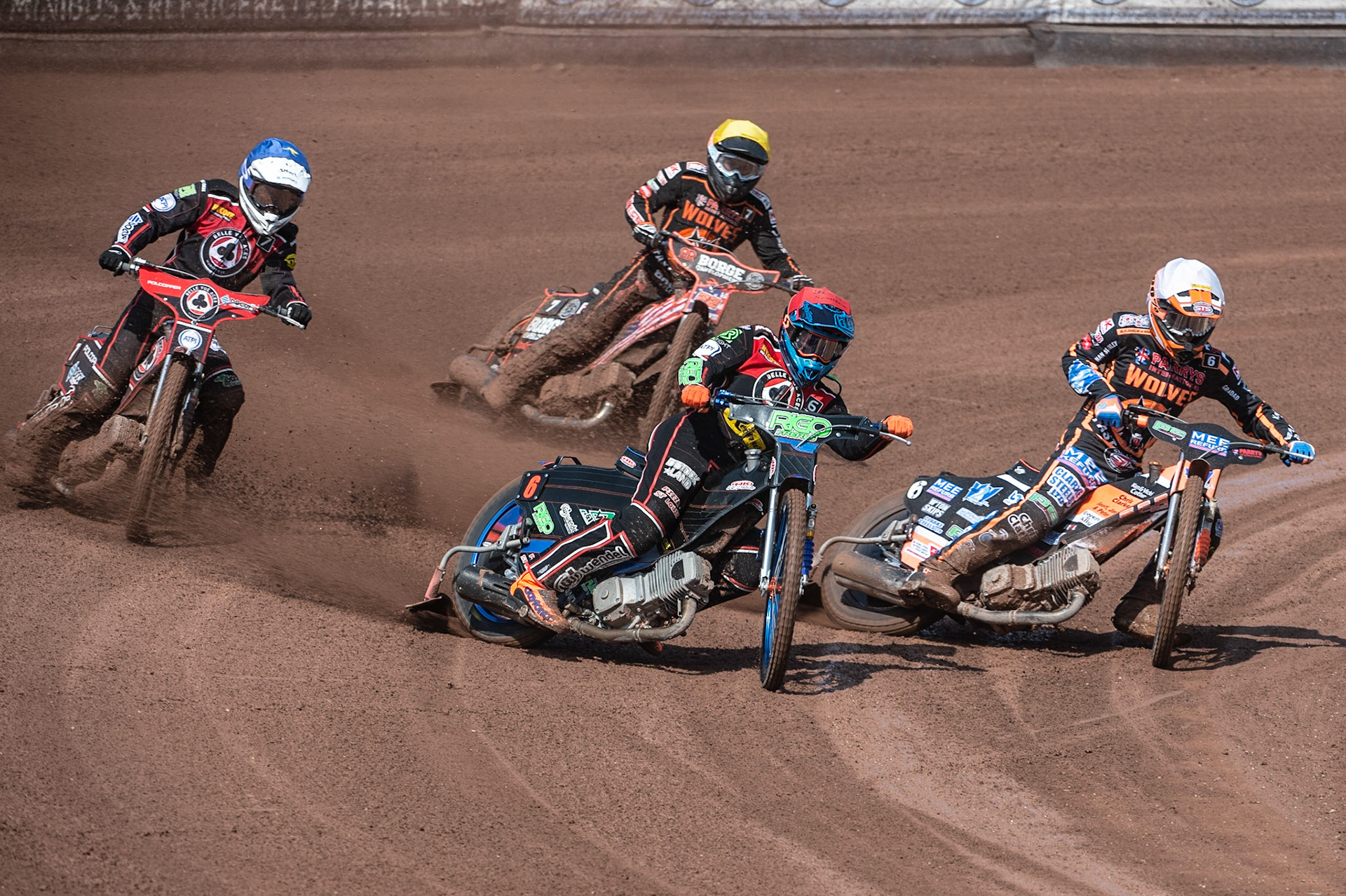 Photo by Ian Charles:

Dimitri Bergé  (Red) outside Ashley Morris  (White) with Jaimon Lidsey  (Blue) and Luke Becker  (Yellow) behind

Belle Vue Aces v Wolverhampton Wolves, National Speedway Stadium, Manchester, Monday, 22, April, 2019