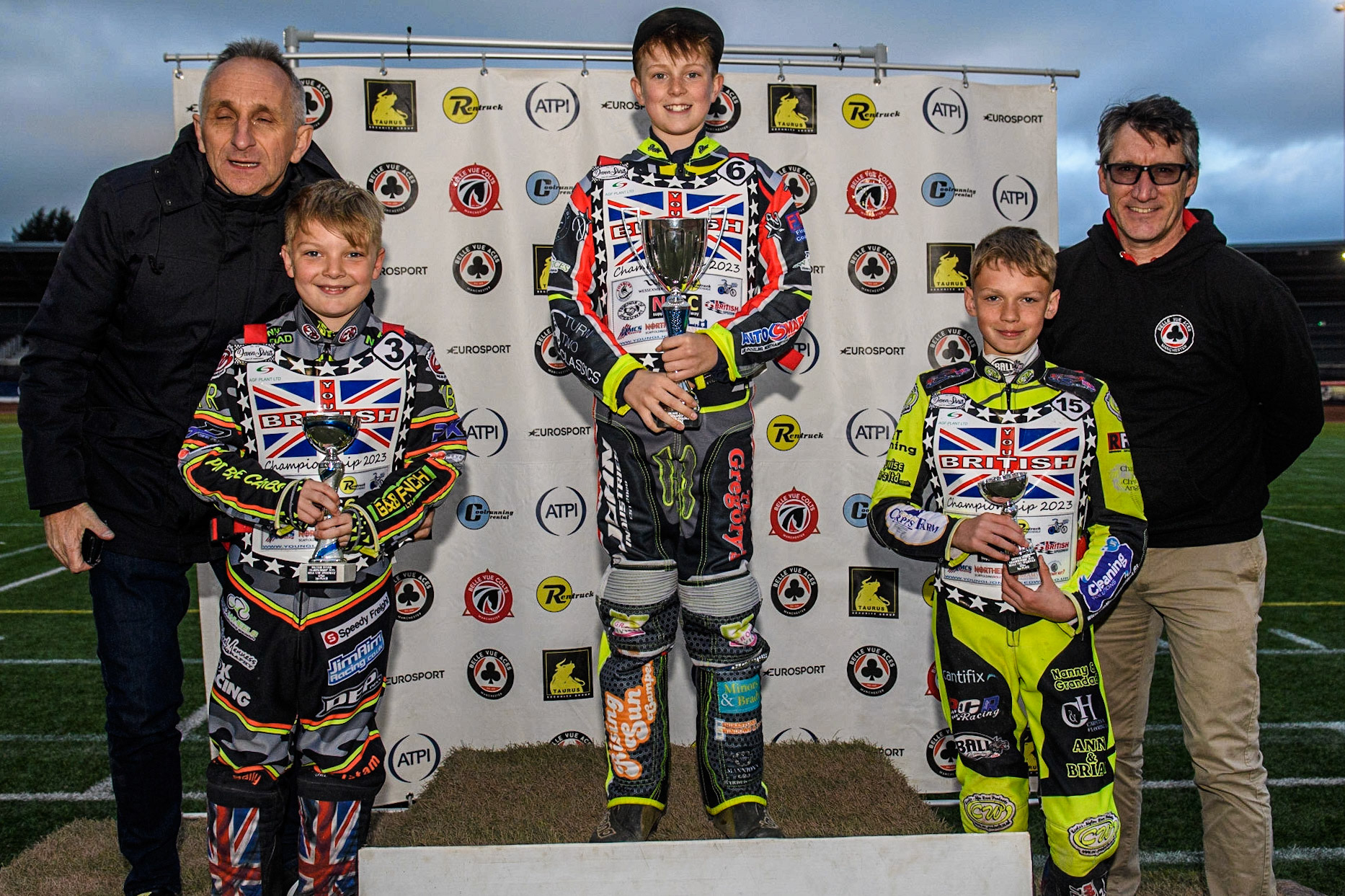125cc Top 3: (l - r) Neil Vatcher (SCB Youth Speedway Co-Ordinator), Archie Rolph (2nd), Seth Norman  (1st) Oliver Bovington (3rd) Mark Lemon (Belle Vue Promoter) during the British Youth Championships at the National Speedway Stadium, Manchester on Friday 12th May 2023. (Photo: Ian Charles | MI News)