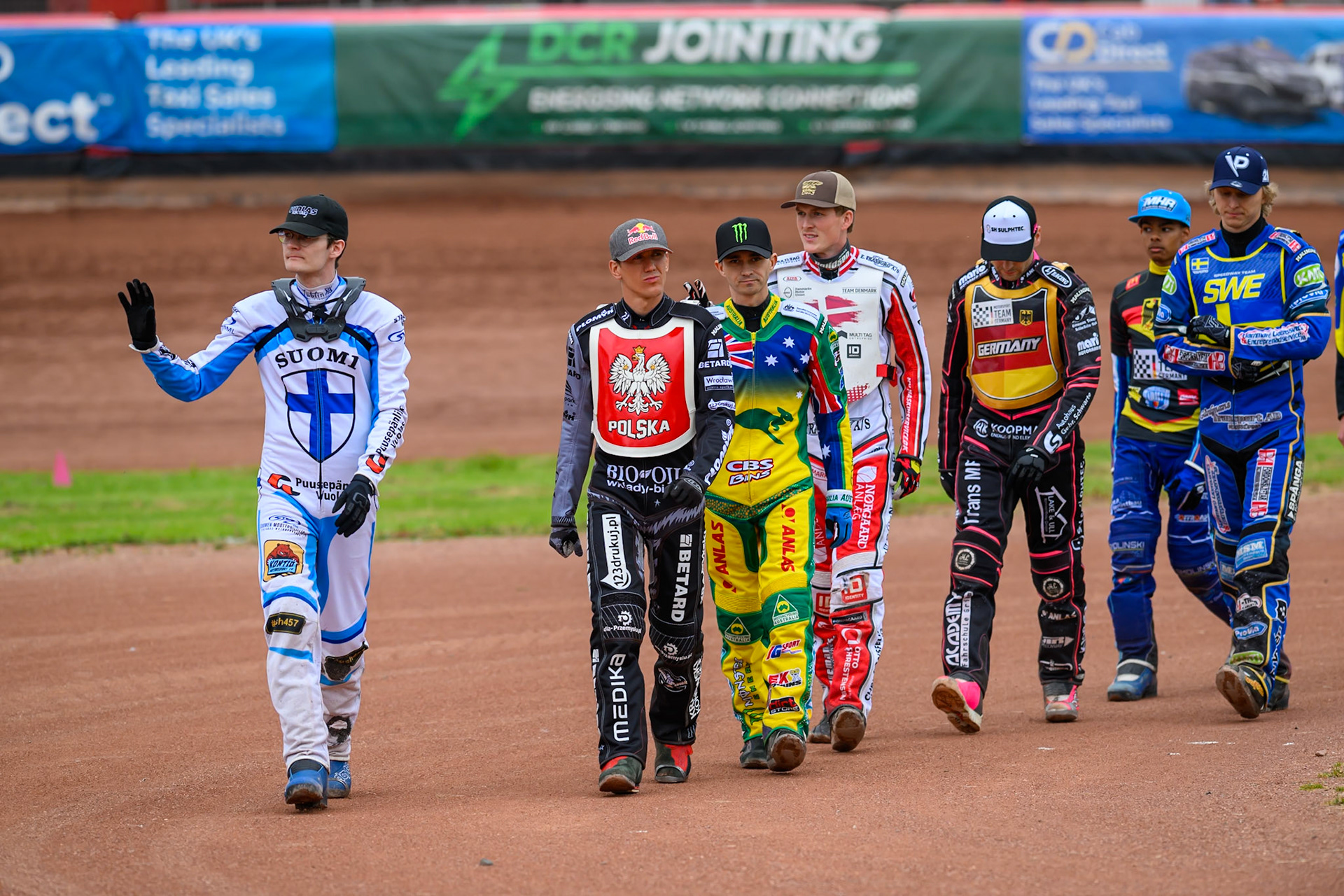 The riders walk out on parade during the Speedway GP Qualifying Round 3 at Allied Ashfield Stadium, Glasgow on Saturday 30th May 2026. (Photo: Ian Charles | MI News)
