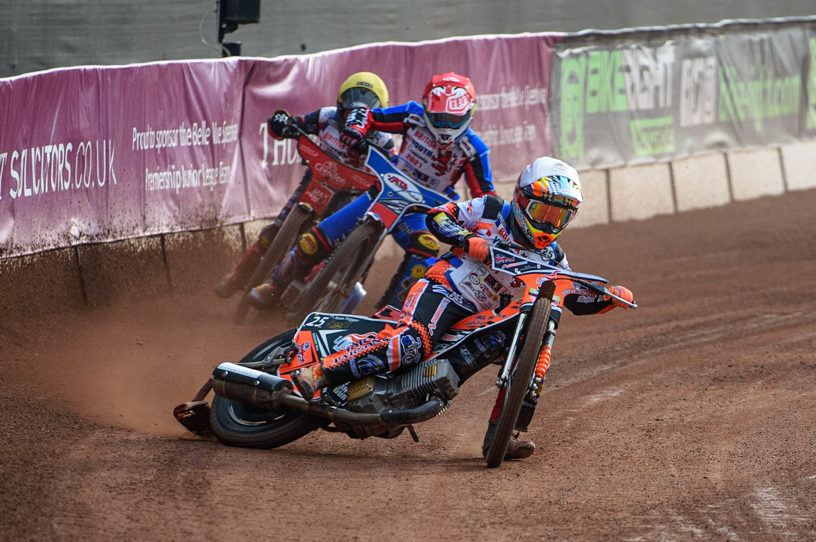 MANCHESTER, UK. MAY 28TH   Ben Trigger  (White) leads Cameron Taylor (Red) and Max Perry (Yellow) during the British Junior Championship at the National Speedway Stadium, Manchester on Friday 28th May 2021. (Credit: Ian Charles | MI News)