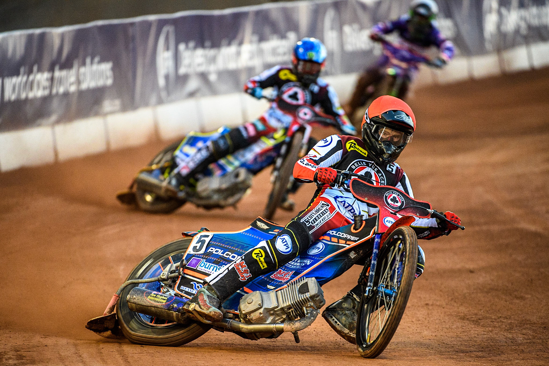 Brady Kurtz  (Red) and Jaimon Lidsey  (Blue) lead Benjamin Basso  to score maximum points during the SGB Premiership match between Belle Vue Aces and Peterborough at the National Speedway Stadium, Manchester on Monday 24th April 2023. (Photo: Ian Charles | MI News)