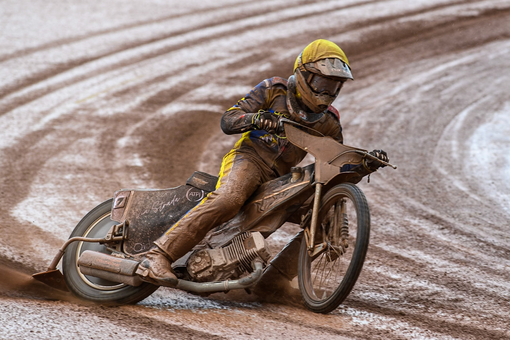 Sheffield Tigers' Dan Gilkes covered in wet shale from the track during the Rowe Motor Oil Premiership match between Belle Vue Aces and Sheffield Tigers at the National Speedway Stadium, Manchester on Monday 27th May 2024. (Photo: Ian Charles | MI News)