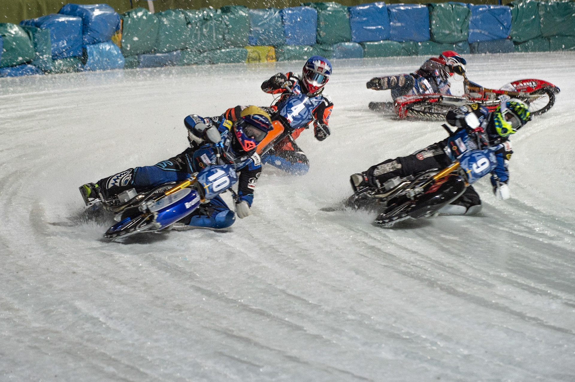 BERLIN GERMANY  - February 29  Martin Haarahiltunen (White) inside team mate Niclas Svensson of Sweden leading Lukas Hutla (Blue) as his team mate Jan Klatovsky of The Czech Republic spins off  during theIce Speedway of Nations (Day 1) at the Horst-Dohm-Eisstadion, Berlin,  on Saturday 29 February 2020. (Credit: Ian Charles | MI News)
