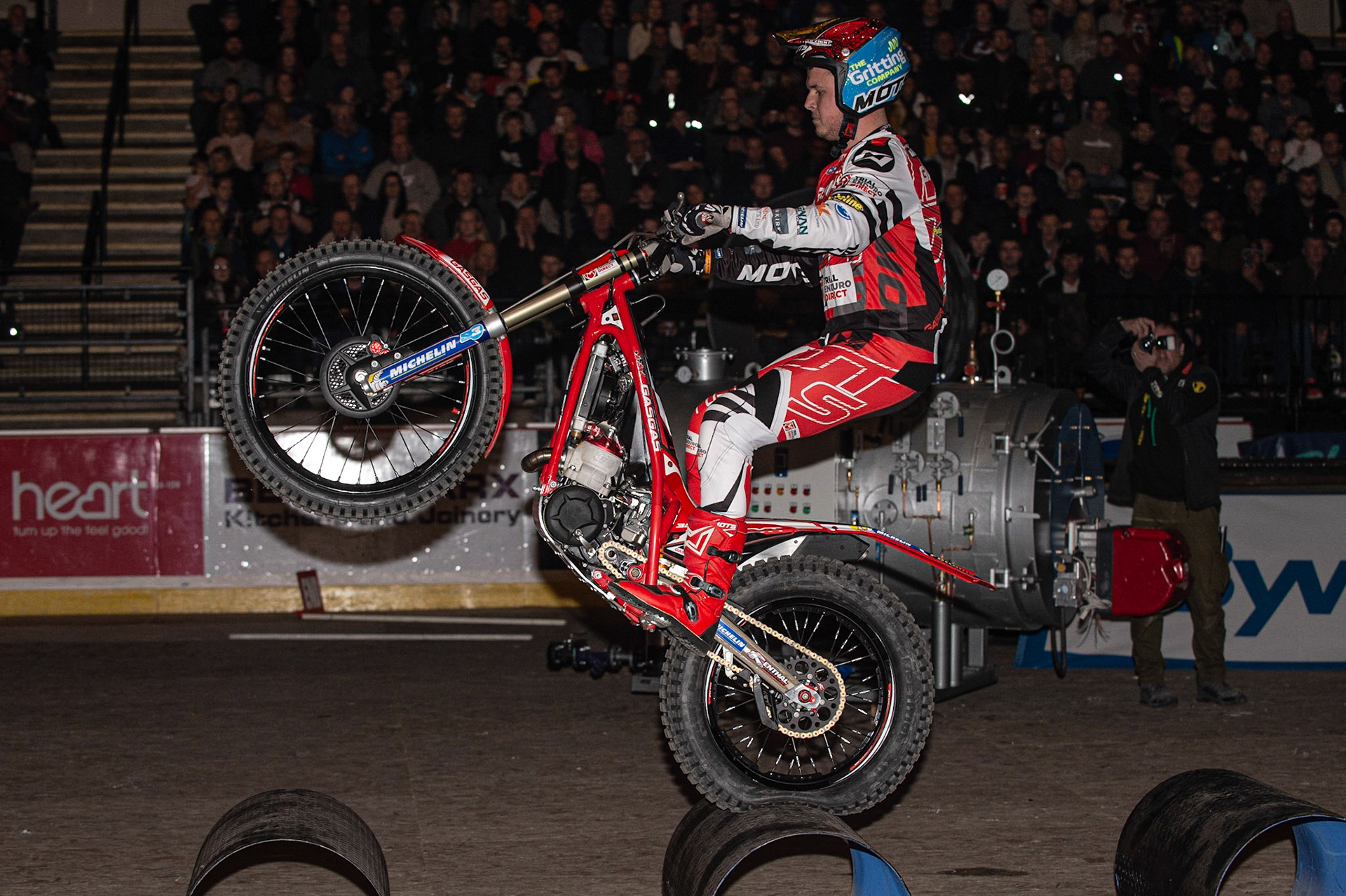 SHEFFIELD, ENGLAND  - DECEMBER 28TH  Jack Price, UK (GasGas) makes his entrance  during the 25th Anniversary Sheffield Indoor Trial at the FlyDSA Arena, Sheffield on Saturday 28th December 2019. (Credit: Ian Charles | MI News)