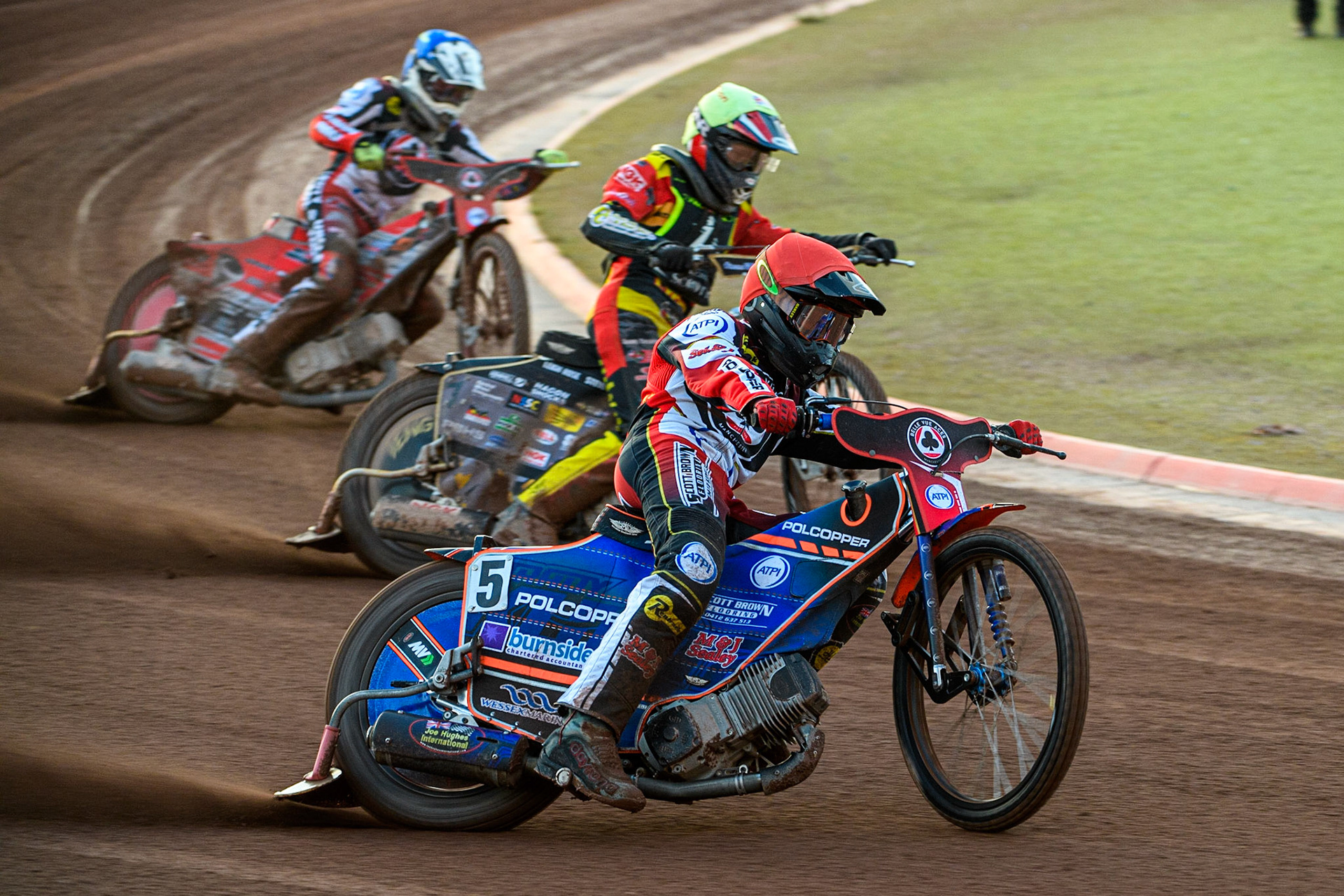 Brady Kurtz (Red) leads Dan Thompson (Yellow) and Connor Bailey (Blue) during the Sports Insure Premiership match between Belle Vue Aces and Ipswich Witches at the National Speedway Stadium, Manchester on Monday 17th July 2023. (Photo: Ian Charles | MI News)