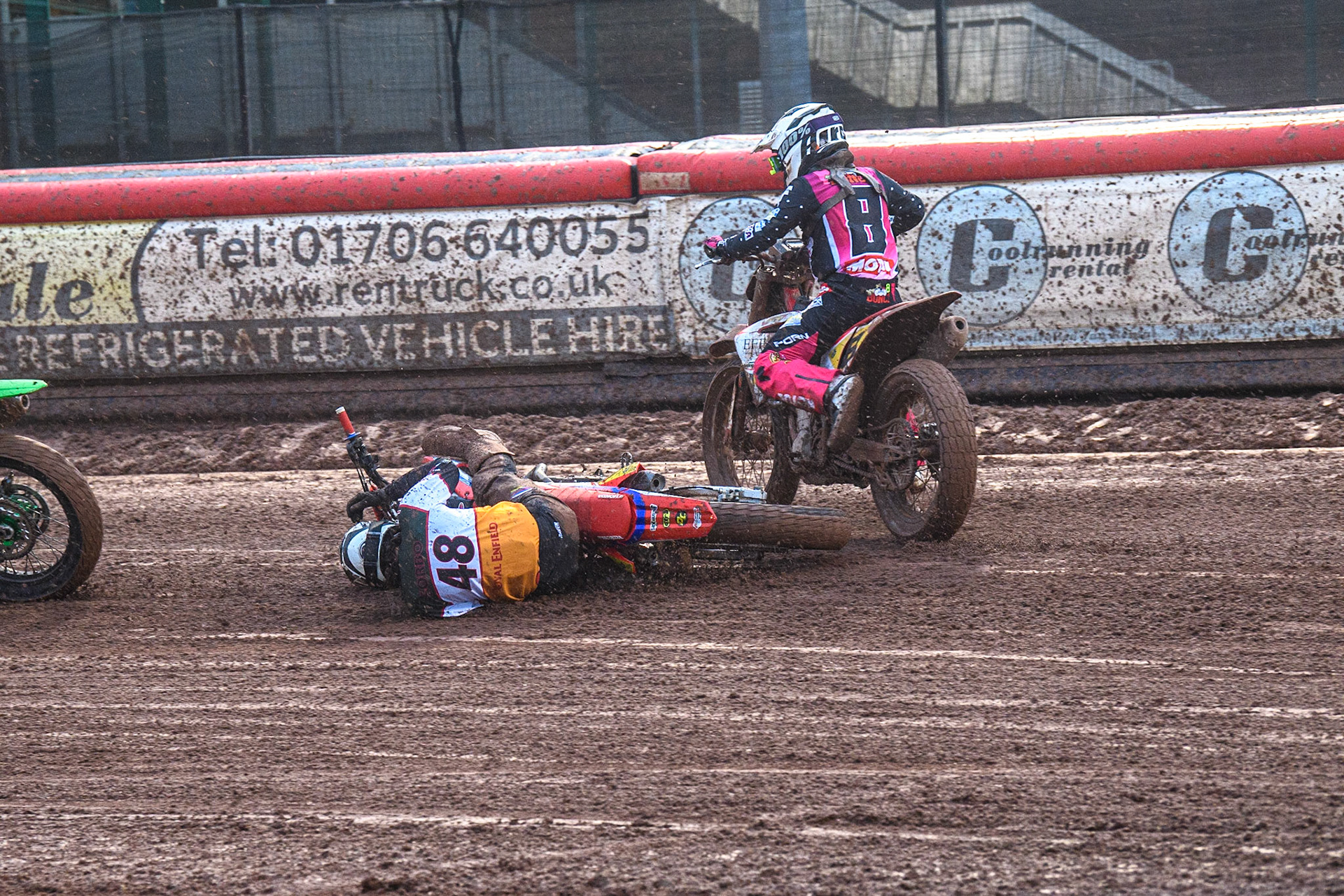 Nico Sorbo (48) from Italy slides off during the FIM World Flat Track Championship Round 1 at the National Speedway Stadium, Manchester on Saturday 5th August 2023. (Photo: Ian Charles | MI News)