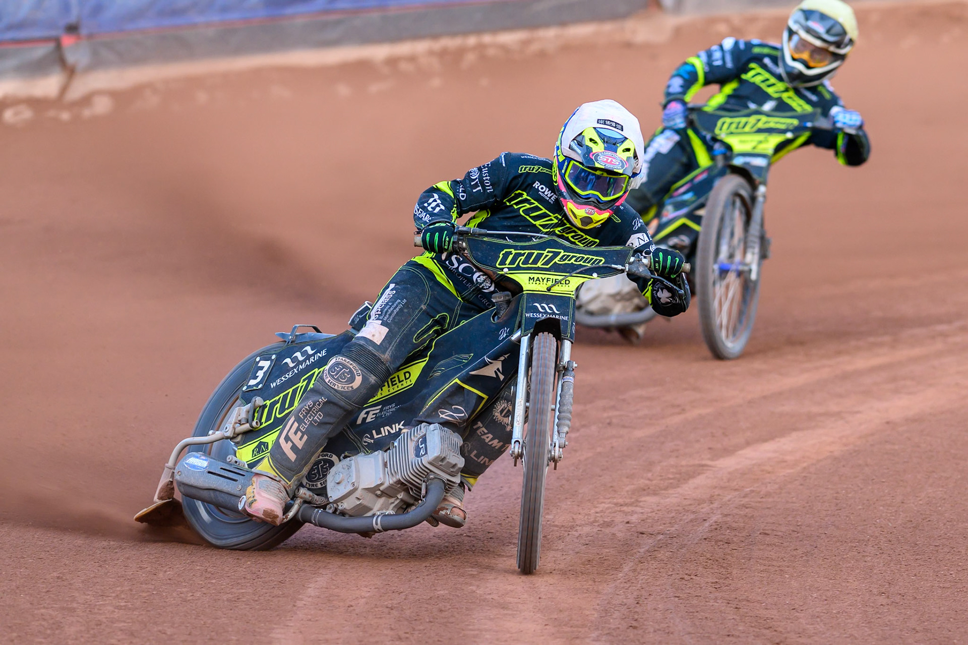 Richard Lawson of Ipswich Witches in White leading team mate Scott Nichols of Ipswich Witches in Yellow during the Rowe Motor Oil Premiership match between Belle Vue Aces and Ipswich Witches at the National Speedway Stadium, Manchester on Saturday 20th June 2026. (Photo: Ian Charles | MI News)