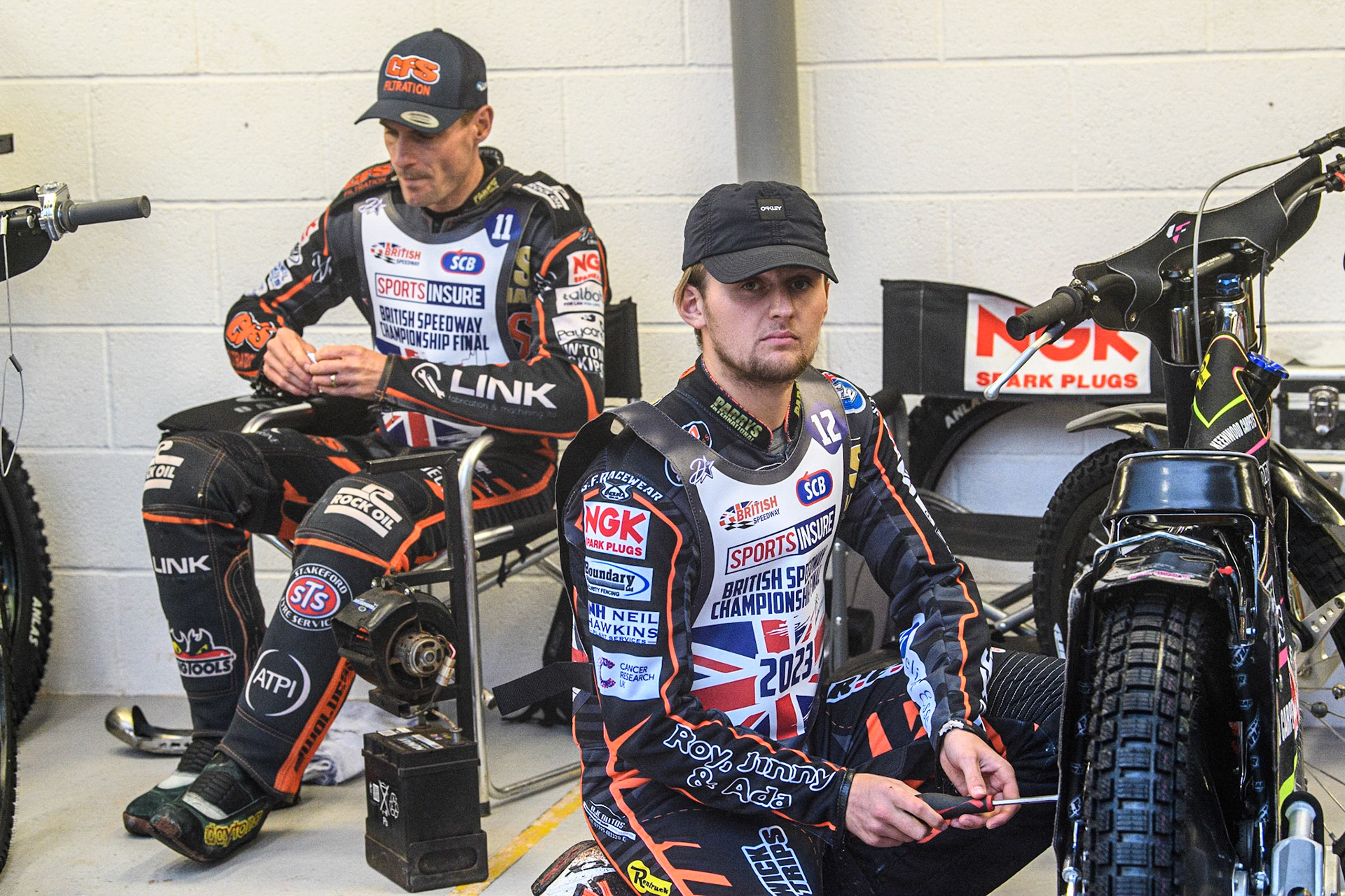 Steve Worrall (left) and Leon Flint during the Sports Insure British Speedway Final at the National Speedway Stadium, Manchester on Monday 14th August 2023. (Photo: Ian Charles | MI News)