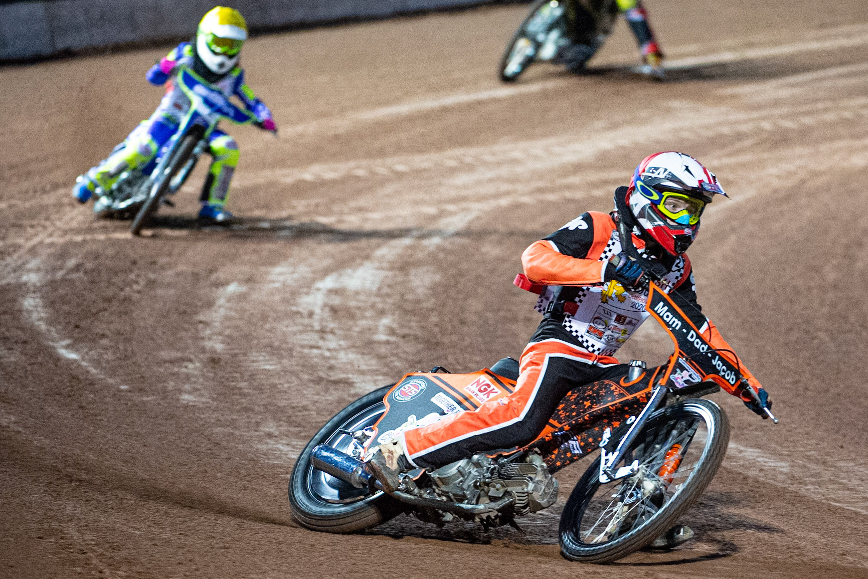 Photo: Ian CharlesOwen Booth (Red) leads Oliver Bovington (Yellow) (125cc B Class)British Youth Speedway Championship (Round 5), National Speedway Stadium, Manchester Saturday  10  October  2020