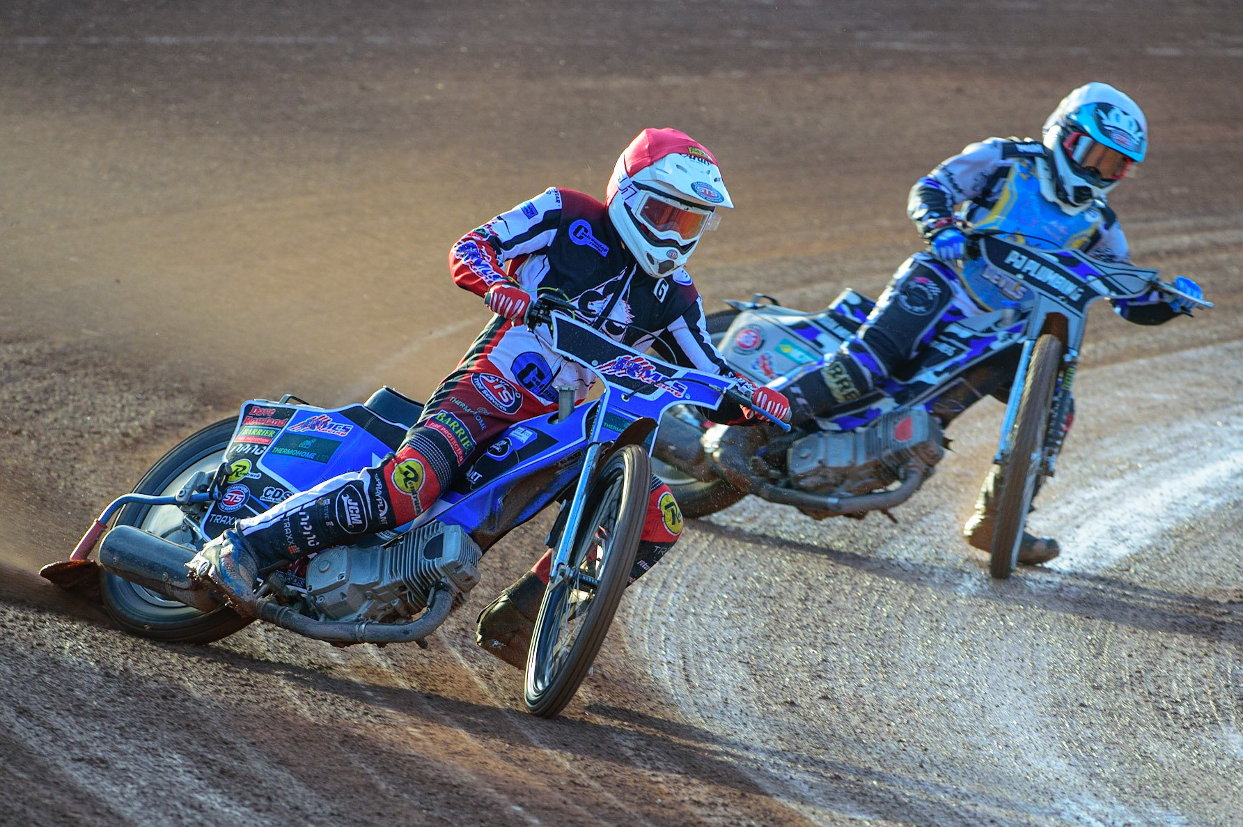 MANCHESTER, UK. MAY 27TH  Archie Freeman  (Red) leads Kyran Lydan (White)during the National Development League match between Belle Vue Colts and Armadale Devils at the National Speedway Stadium, Manchester on Friday 27th May 2022. (Credit: Ian Charles | MI News)