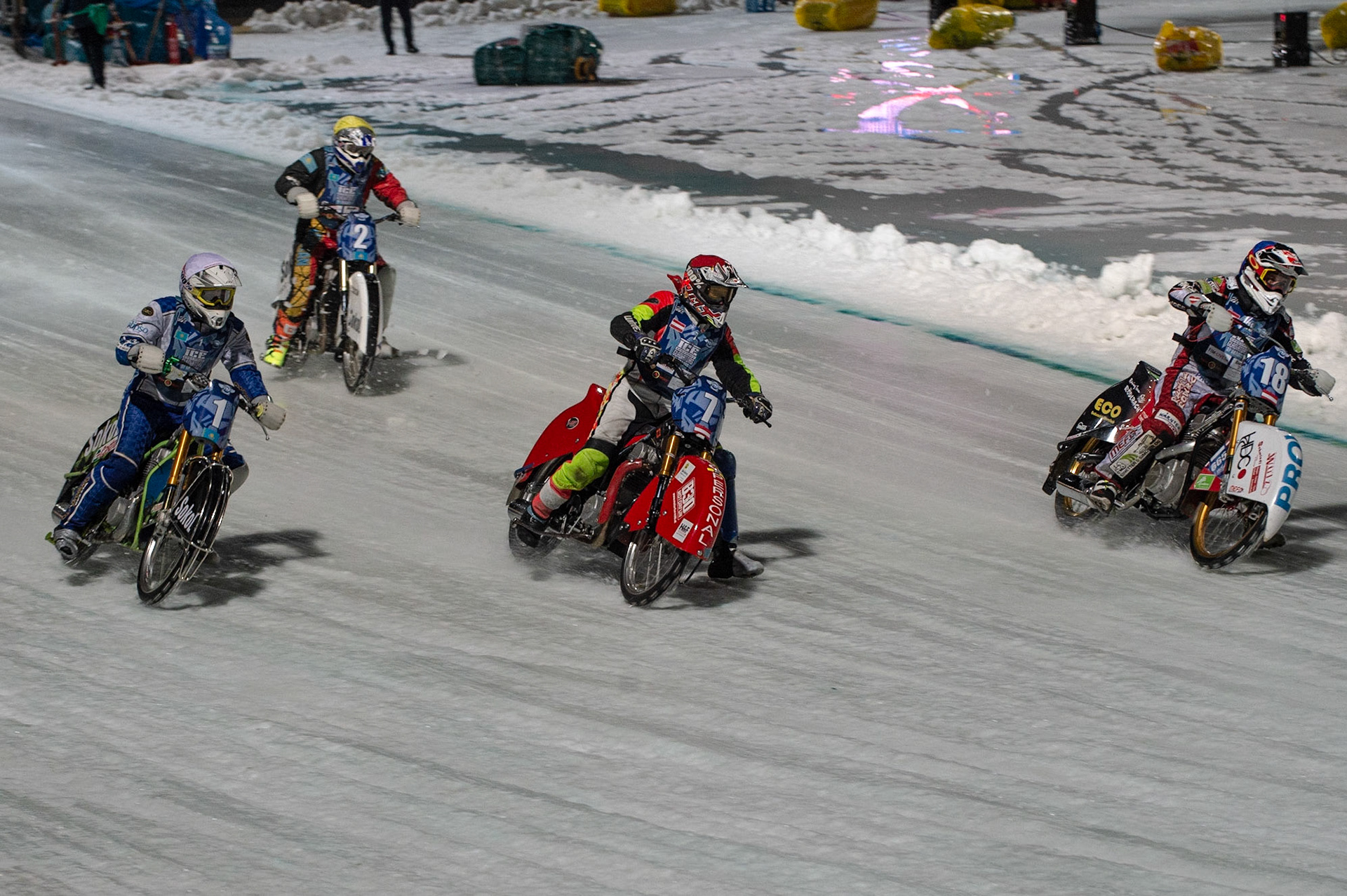 BERLIN GERMANY  - February 29 Charly Ebner (Blue) inside team mate Harald Simon (Red) of Austria as they lead Pavel Nekrasov (White) and Vladimir Cheblokov (Yellow) of Kazakhstan   during theIce Speedway of Nations (Day 1) at the Horst-Dohm-Eisstadion, Berlin,  on Saturday 29 February 2020. (Credit: Ian Charles | MI News)