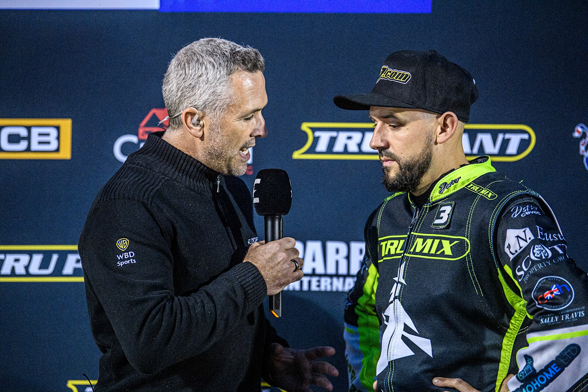 Danny King (Right) is interviewed by Scott Nicholls for the Eurosport cameras during the Sports Insure Premiership Grand Final Second Leg match between Sheffield Tigers and Ipswich Witches at Owlerton Stadium, Sheffield on Thursday 5th October 2023. (Photo: Ian Charles | MI News)