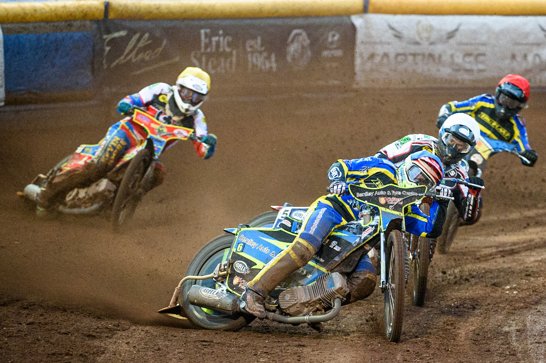 SHEFFIELD, UK. AUG 2NDDanyon Hume  (Blue) leads Brady Kurtz  (White), Adam Ellis  (Red) and Simon Lambert  (Yellow) during the SGB Premiership match between Sheffield Tigers and Belle Vue Aces at Owlerton Stadium, Sheffield on Thursday 2nd September 2021. (Credit: Ian Charles | MI News)