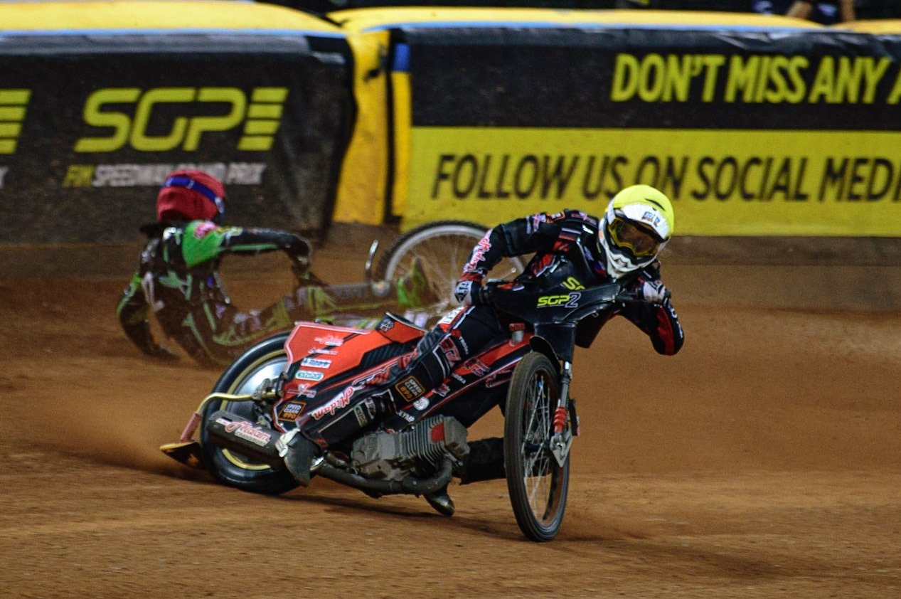 Jan Kvech (Czech Republic)  (White) brings down Benjamin Basso (Denmark)  (Red) during the FIM  Speedway Grand Prix  2 of Great Britain at the Principality Stadium, Cardiff on Sunday 14th August 2022. (Credit: Ian Charles | MI News)