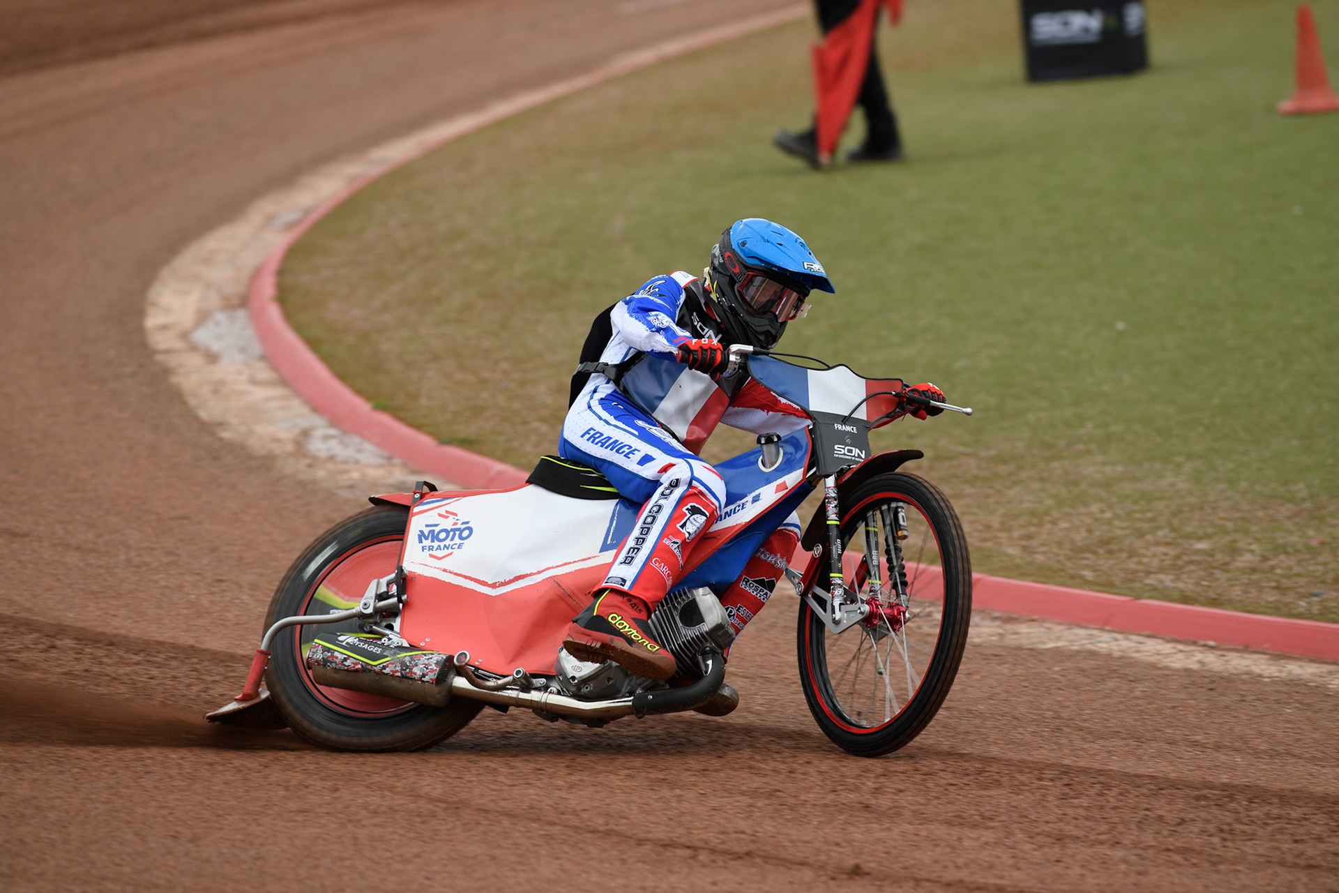 David Bellego of France practices during the Monster Energy FIM Speedway of Nations Semi-Final 1 at the National Speedway Stadium, Manchester on Tuesday 9th July 2024. (Photo: Ian Charles | MI News)